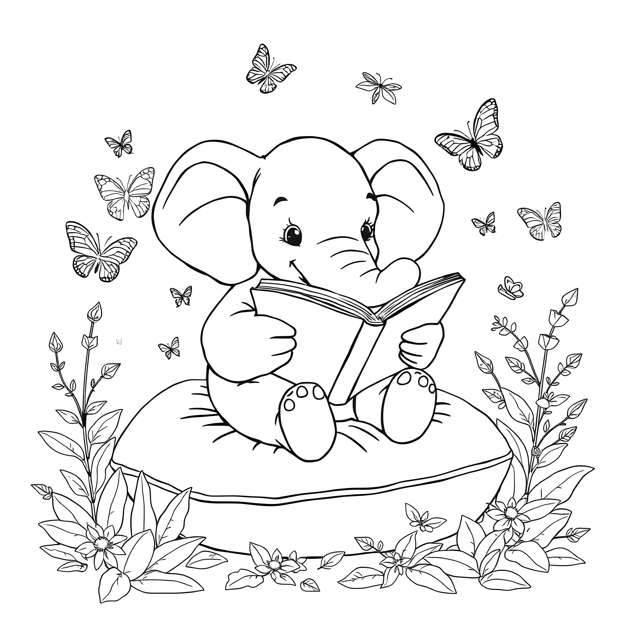 Elephant reading a book surrounded by butterflies and flowers Coloring Page (free black-and-white line drawing printable PDF for all, from beginners to advanced learners, including children, teens, adults, and seniors)