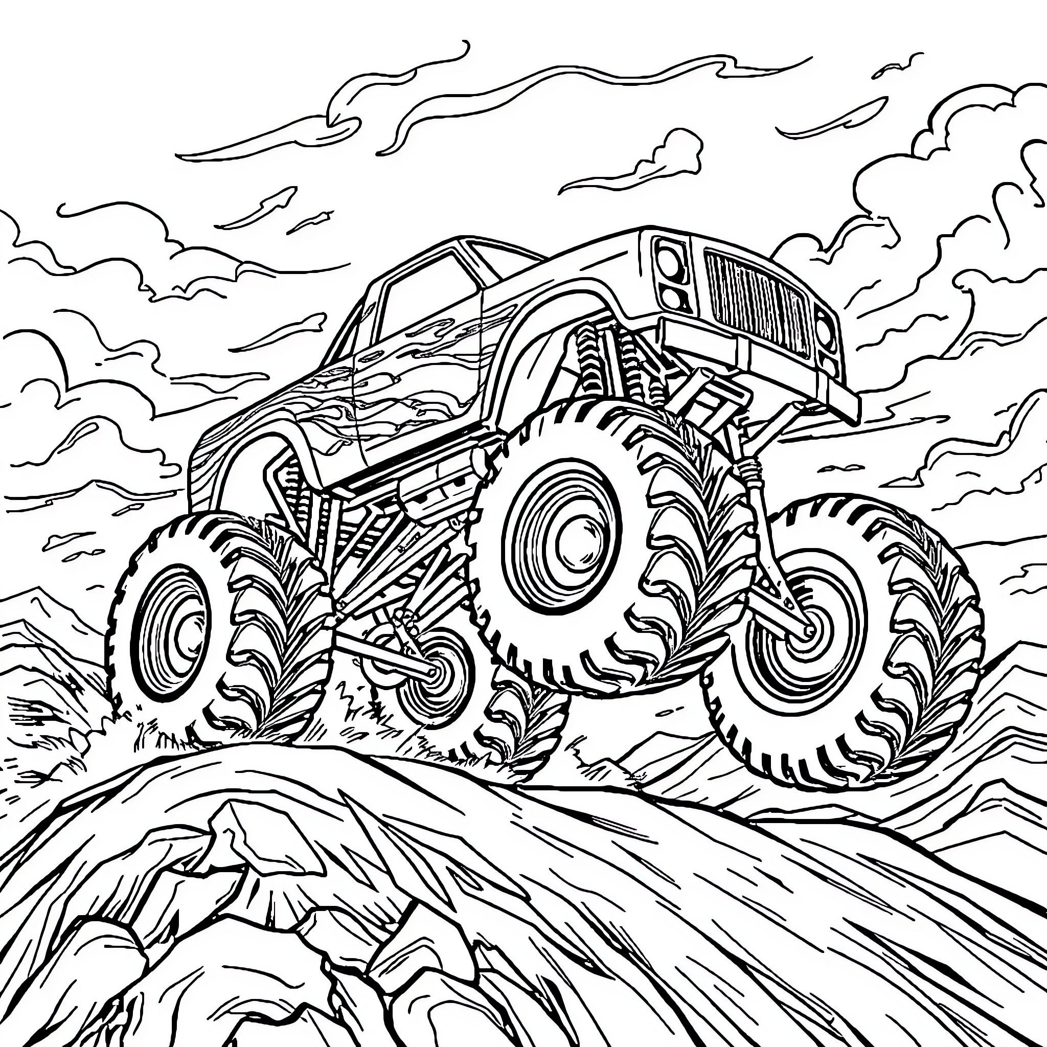 Monster Truck Jumping Over Rugged Terrain Coloring Page (free black-and-white line drawing printable PDF for all, from beginners to advanced learners, including children, teens, adults, and seniors)