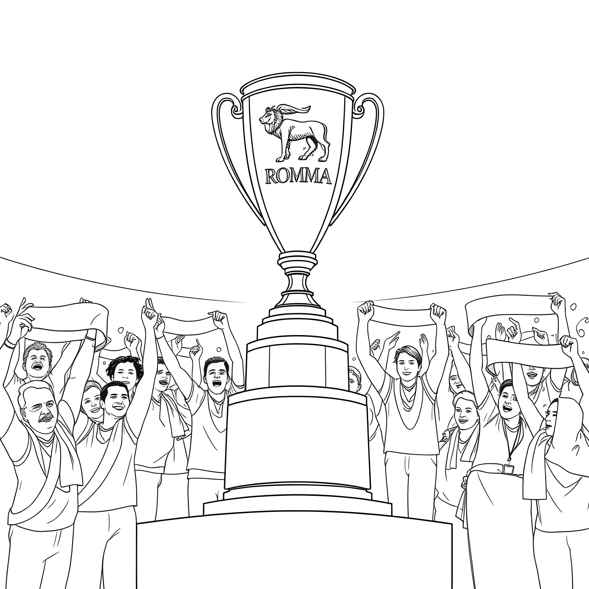 Trophy celebration with joyful people and symbolic ram Coloring Page (free black-and-white line drawing printable PDF for all, from beginners to advanced learners, including children, teens, adults, and seniors)