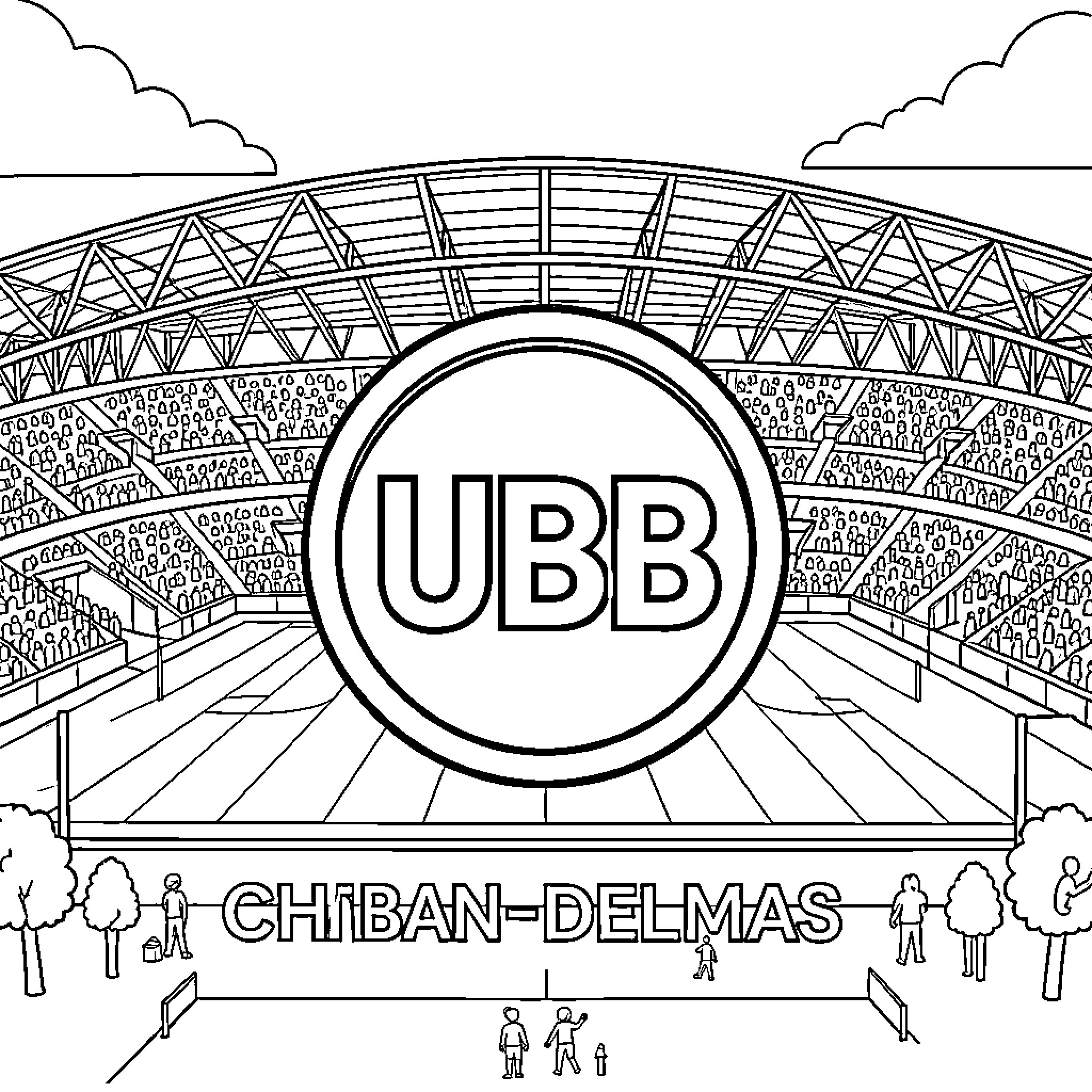 UBB logo centered in front of a crowded stadium Coloring Page (free black-and-white line drawing printable PDF for all, from beginners to advanced learners, including children, teens, adults, and seniors)