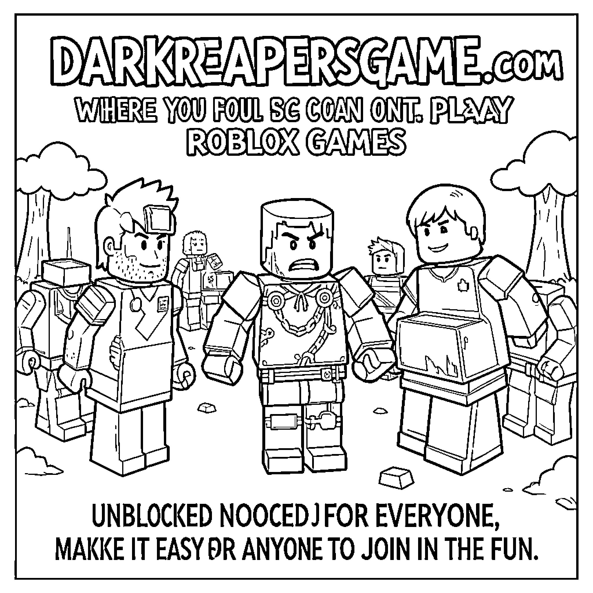 Gaming characters standing together in a blocky world Coloring Page (free black-and-white line drawing printable PDF for all, from beginners to advanced learners, including children, teens, adults, and seniors)