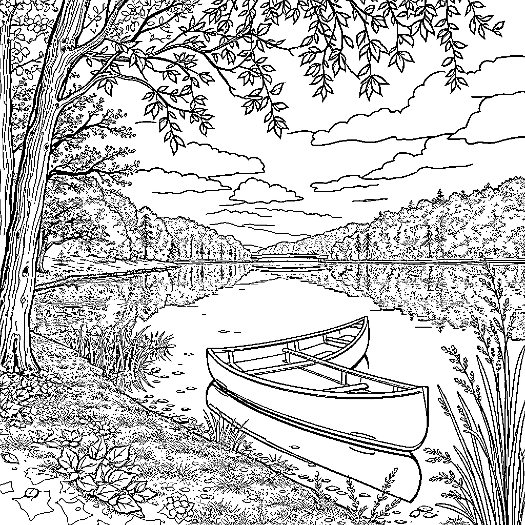 Canoe on a peaceful lake surrounded by nature Coloring Page (free black-and-white line drawing printable PDF for all, from beginners to advanced learners, including children, teens, adults, and seniors)