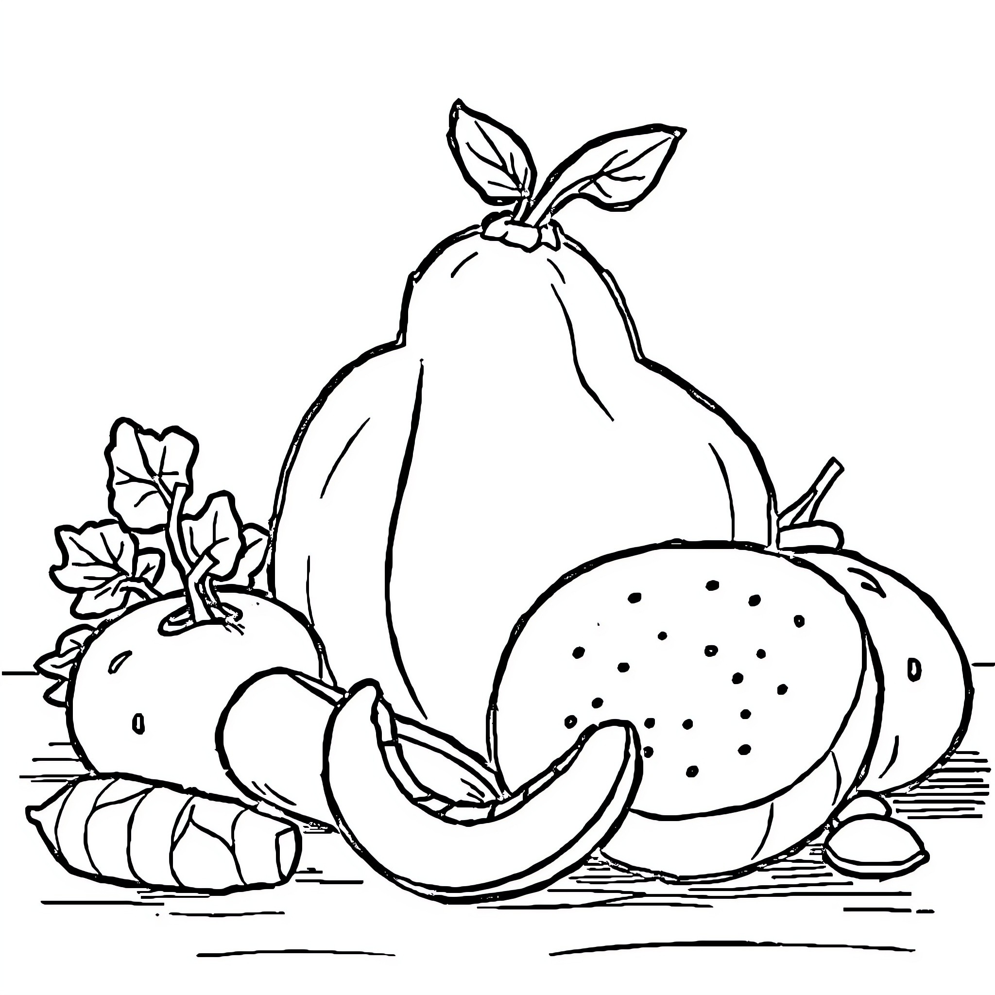Food arrangement with sliced fruit and vegetables Coloring Page (free black-and-white line drawing printable PDF for all, from beginners to advanced learners, including children, teens, adults, and seniors)