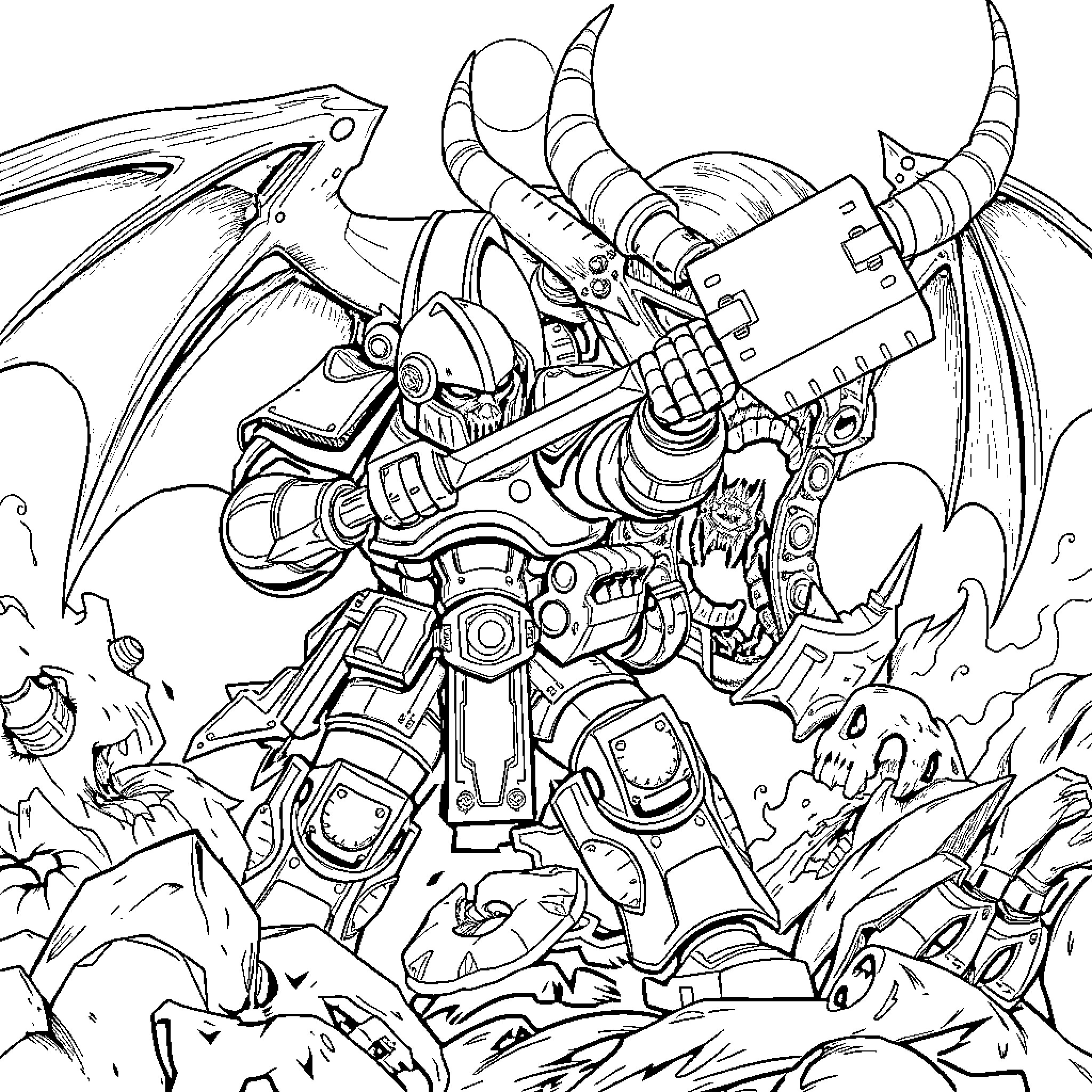 War Hammer Mighty Armored Warrior Unleashes Devastation Coloring Page (free black-and-white line drawing printable PDF for all, from beginners to advanced learners, including children, teens, adults, and seniors)