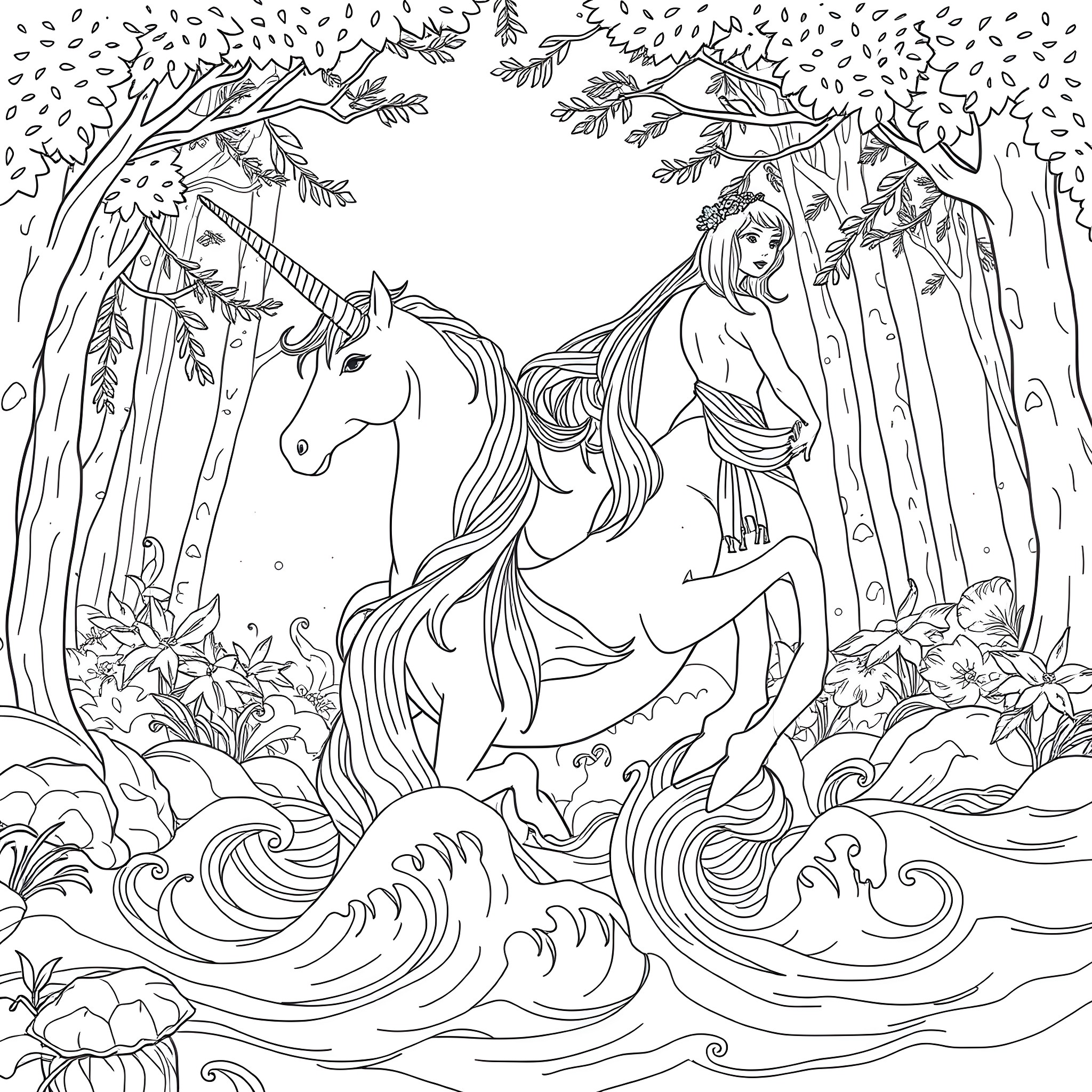 Mermaid riding a unicorn in a magical forest Coloring Page (free black-and-white line drawing printable PDF for all, from beginners to advanced learners, including children, teens, adults, and seniors)