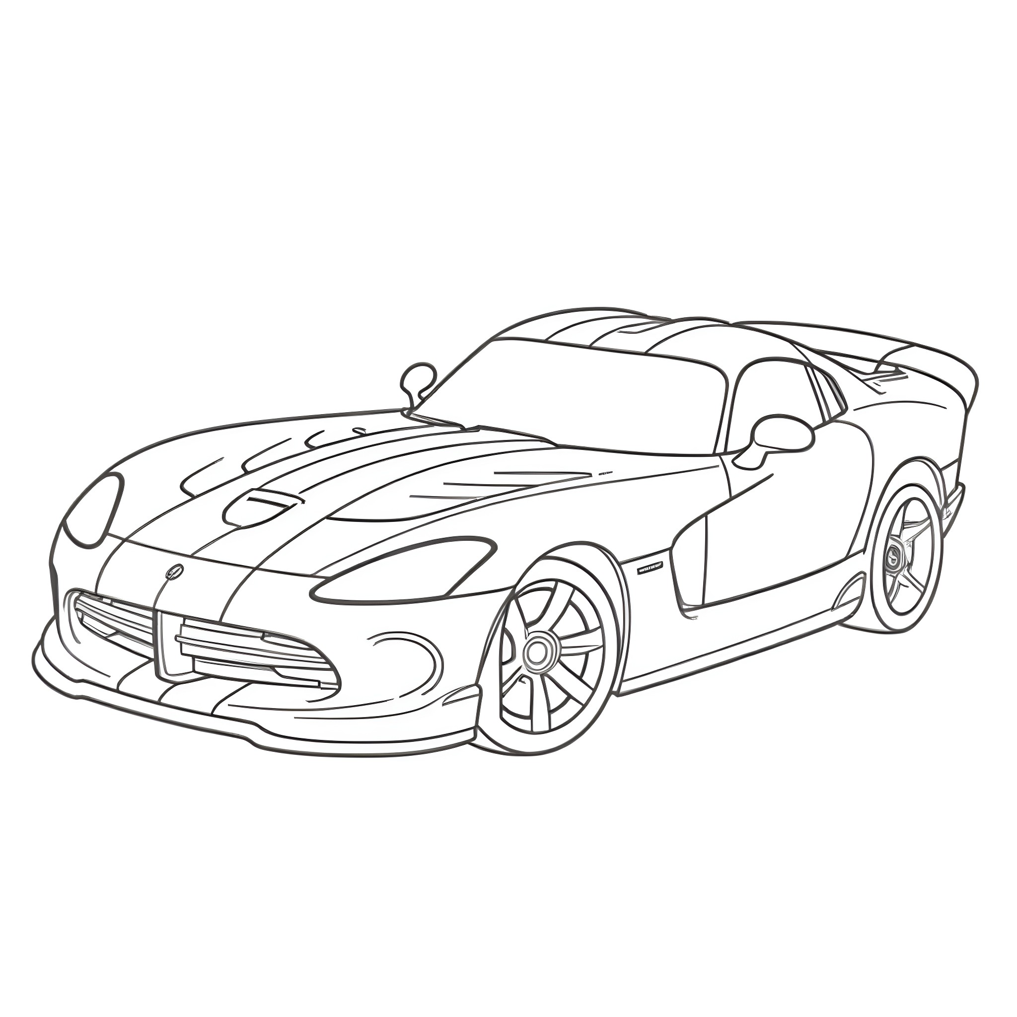 Dodge Viper sports car in linear outline Coloring Page (free black-and-white line drawing printable PDF for all, from beginners to advanced learners, including children, teens, adults, and seniors)