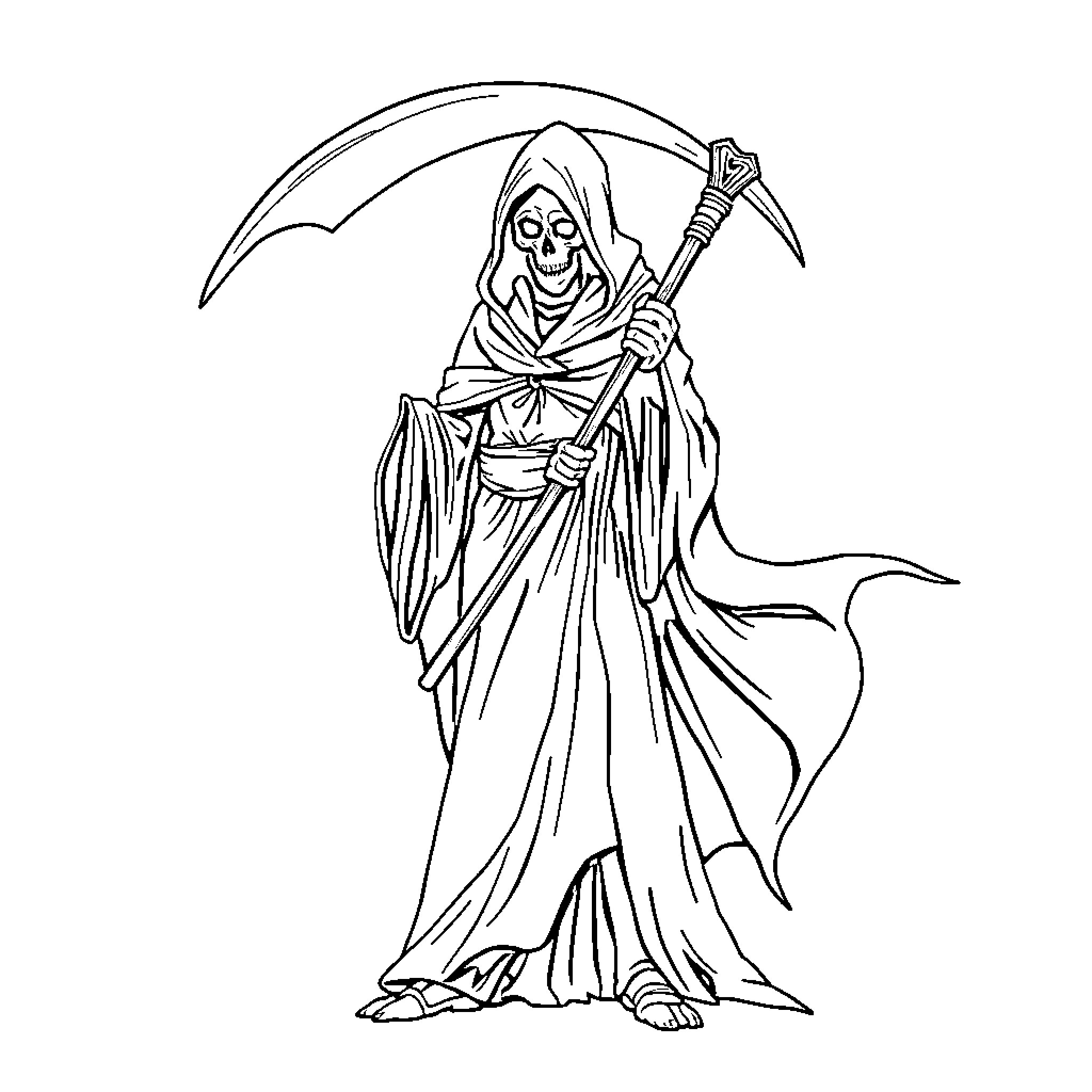 Grim Reaper standing menacingly with scythe Coloring Page (free black-and-white line drawing printable PDF for all, from beginners to advanced learners, including children, teens, adults, and seniors)