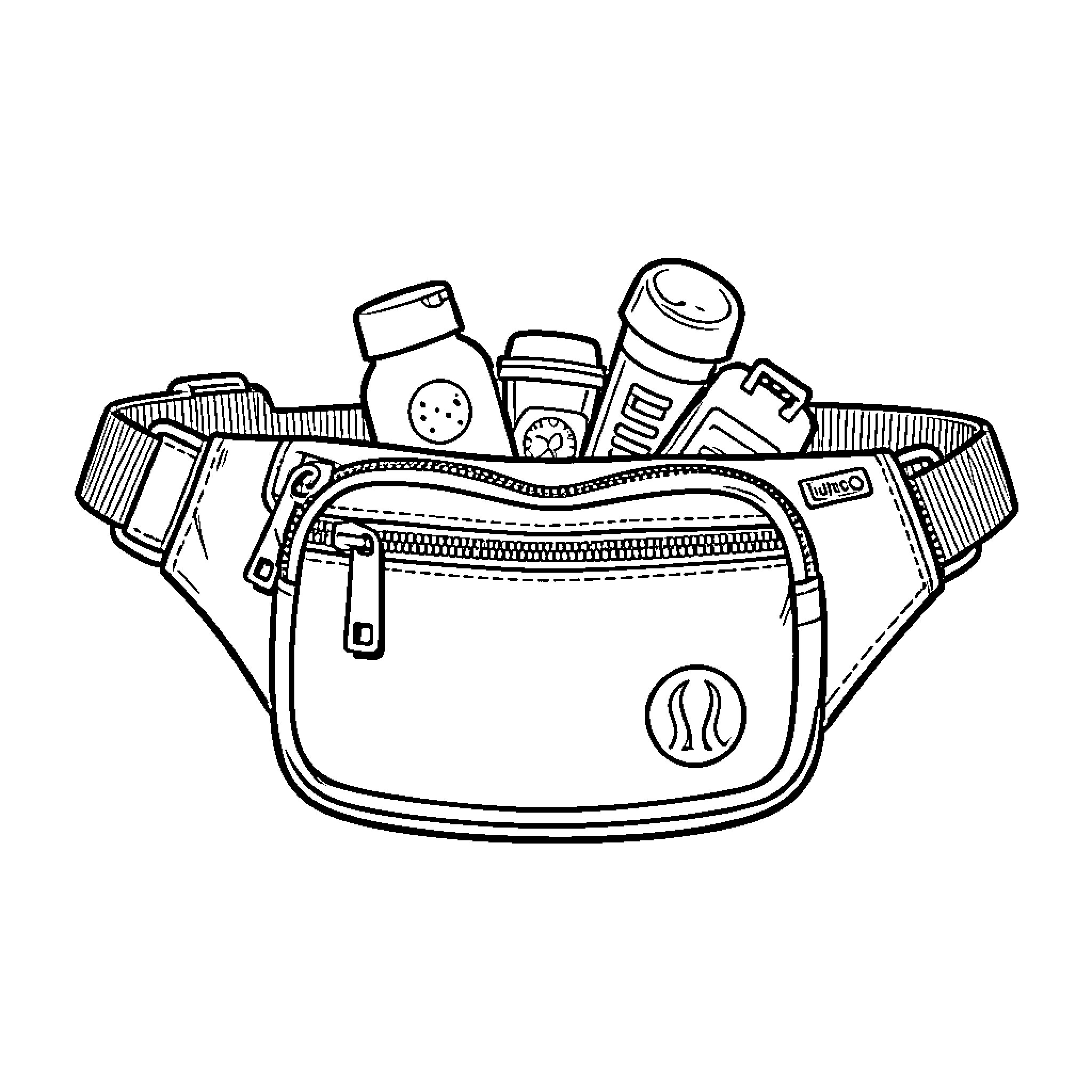 Fanny pack filled with various small utility items Coloring Page (free black-and-white line drawing printable PDF for all, from beginners to advanced learners, including children, teens, adults, and seniors)