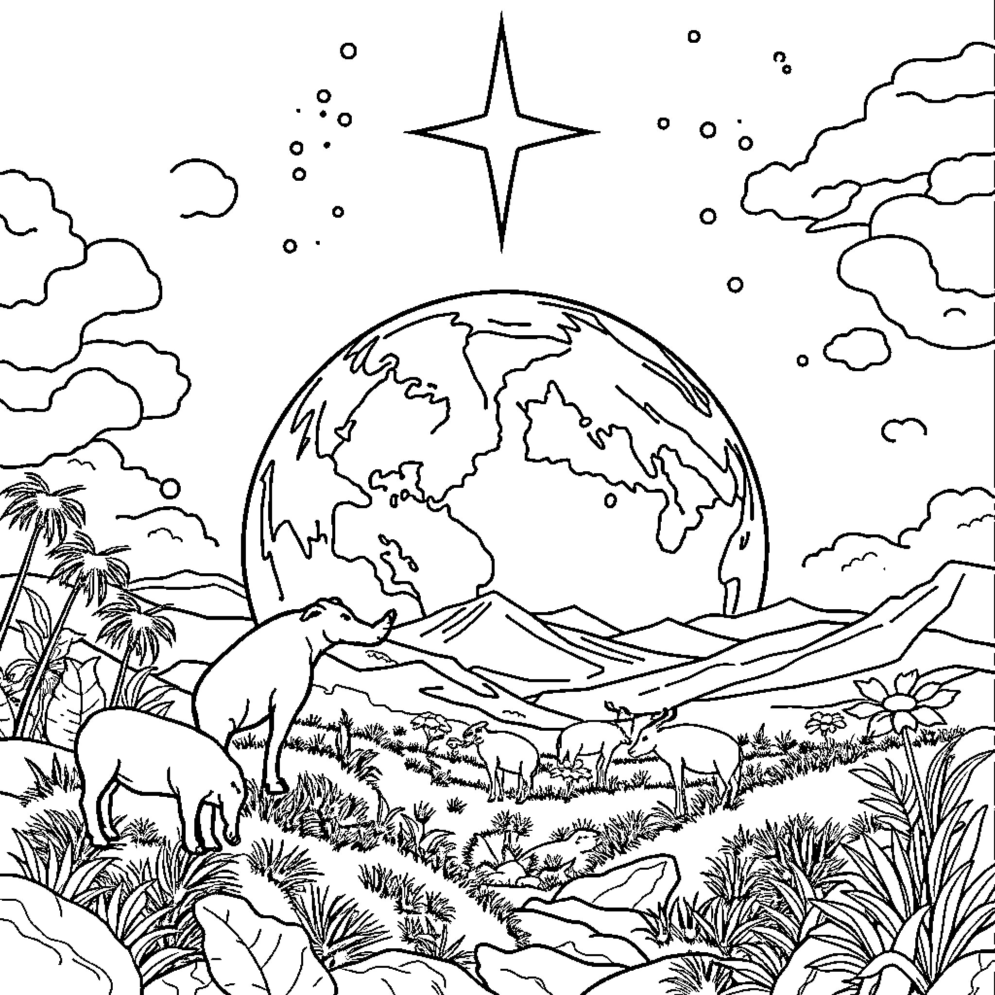 Earth's Peaceful Wilderness Landscape Coloring Page (free black-and-white line drawing printable PDF for all, from beginners to advanced learners, including children, teens, adults, and seniors)
