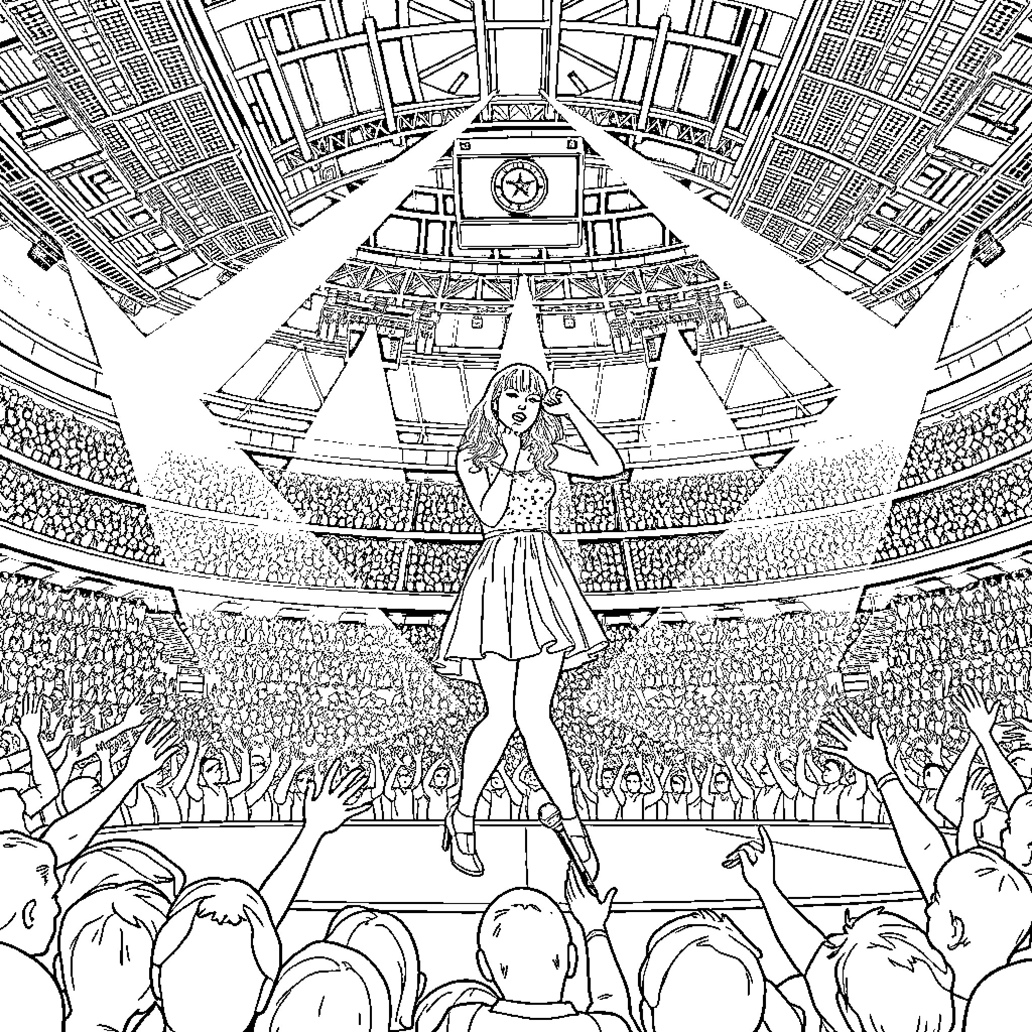 Taylor Swift performing on a grand stage before her adoring fans Coloring Page (free black-and-white line drawing printable PDF for all, from beginners to advanced learners, including children, teens, adults, and seniors)