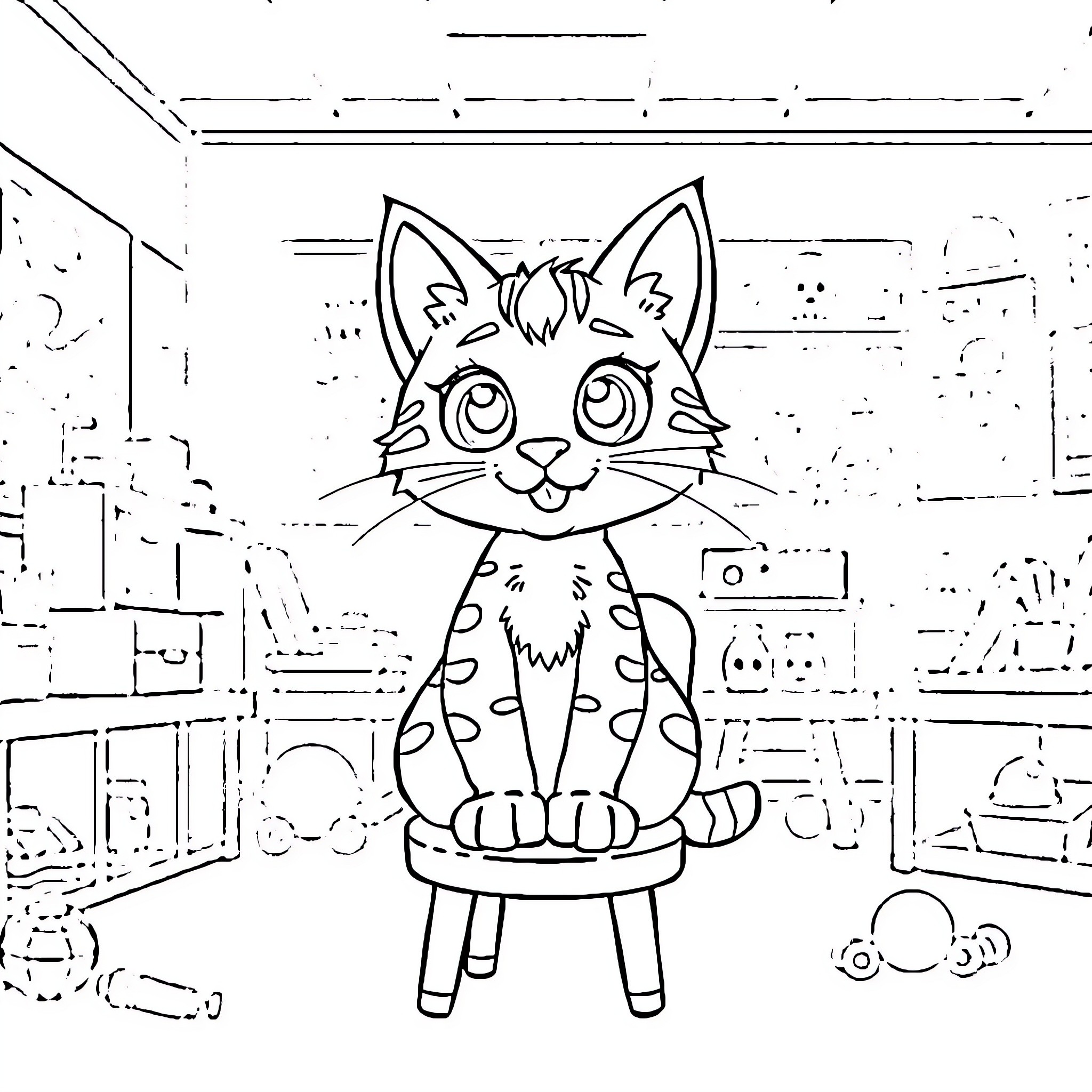 Wildcat in a playful indoor setting Coloring Page (free black-and-white line drawing printable PDF for all, from beginners to advanced learners, including children, teens, adults, and seniors)