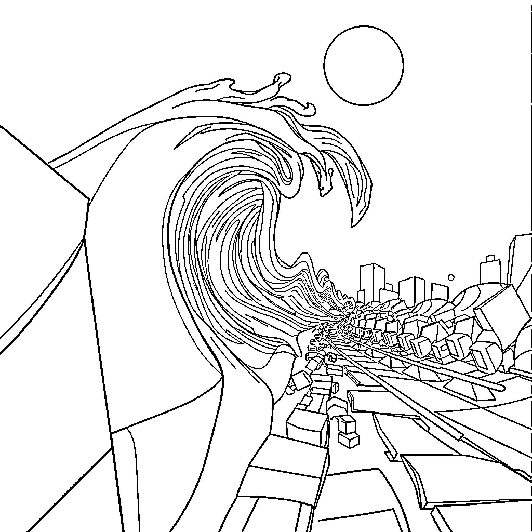 Wave crashing through cityscape skyline Coloring Page (free black-and-white line drawing printable PDF for all, from beginners to advanced learners, including children, teens, adults, and seniors)