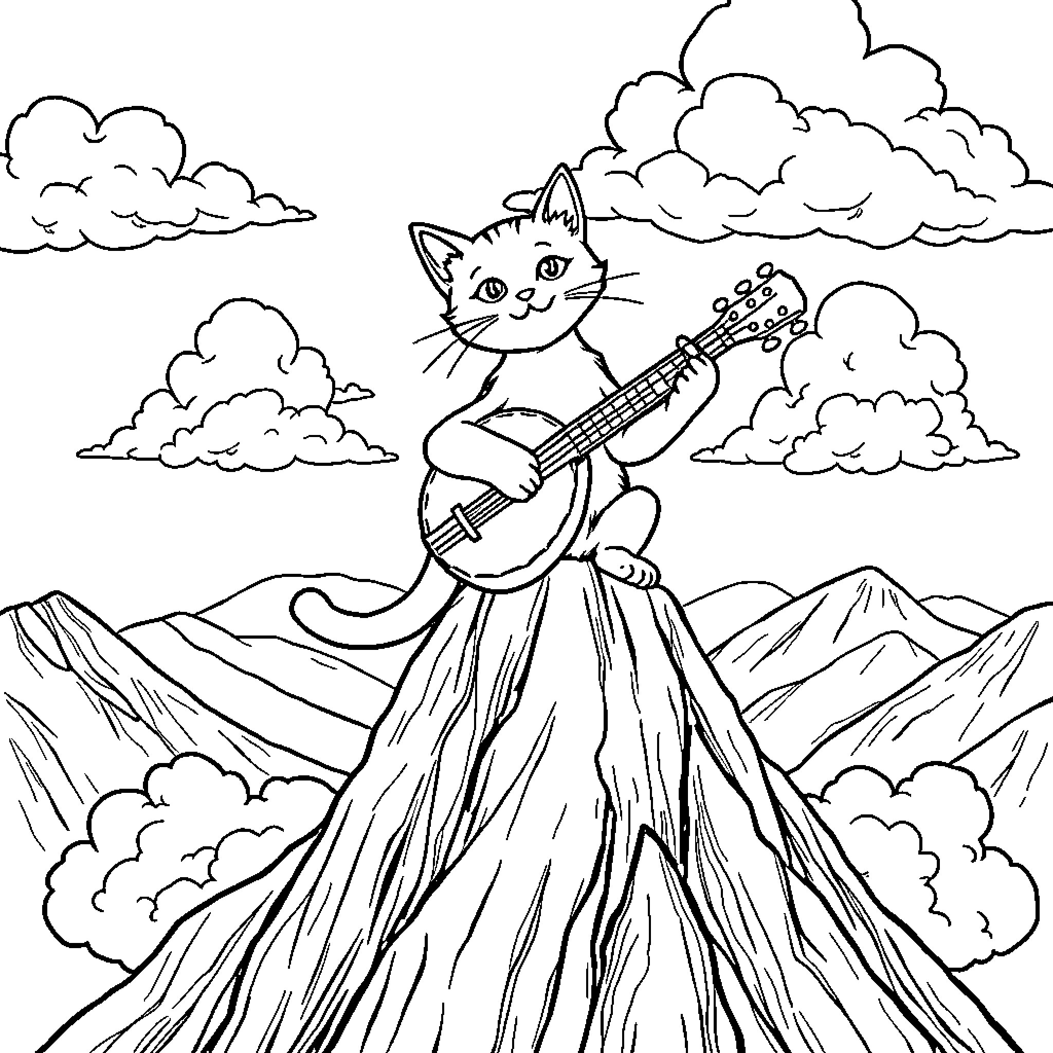 Cat playing guitar on a mountain landscape Coloring Page (free black-and-white line drawing printable PDF for all, from beginners to advanced learners, including children, teens, adults, and seniors)