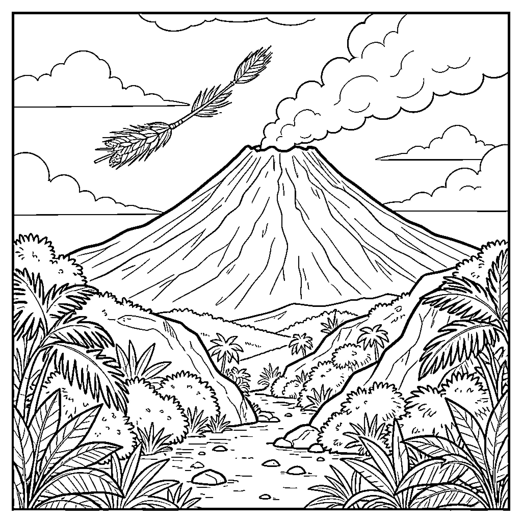 Paille en Queue bird flying over a volcanic landscape Coloring Page (free black-and-white line drawing printable PDF for all, from beginners to advanced learners, including children, teens, adults, and seniors)