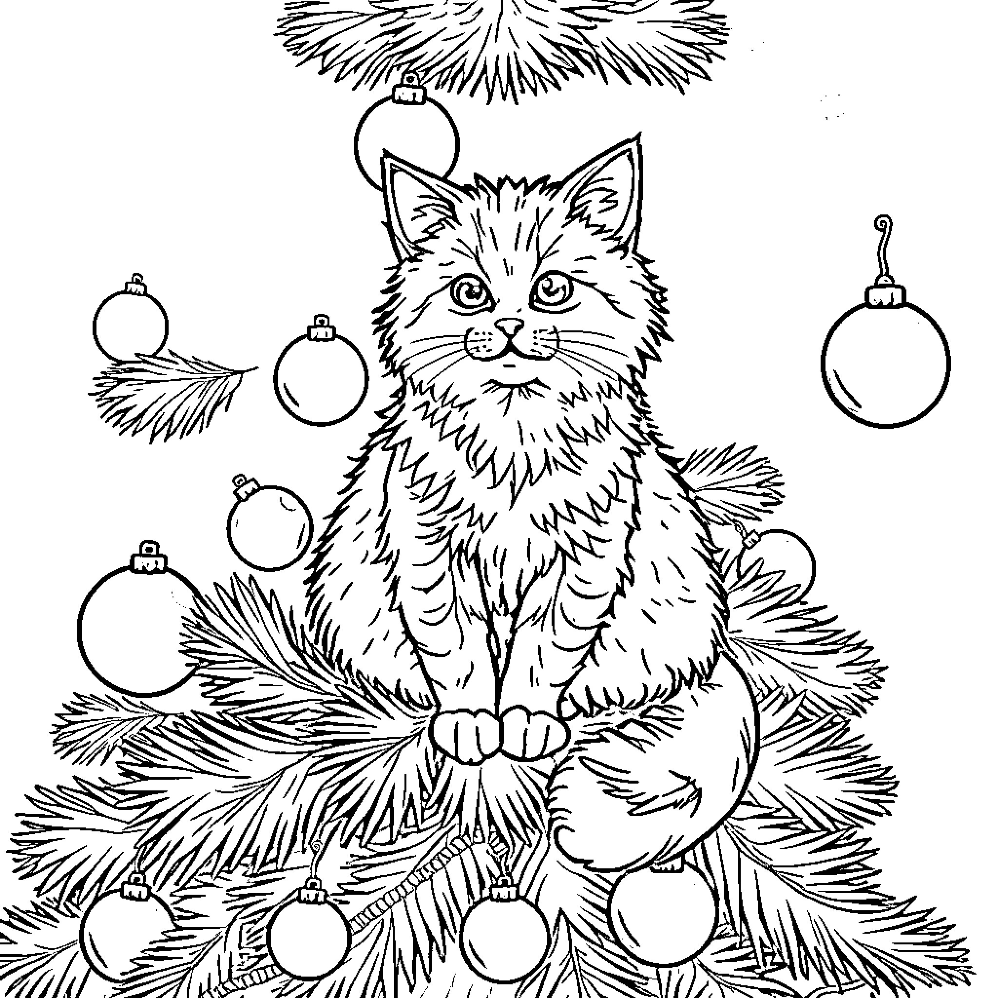 Cat Sitting in a Christmas Tree Coloring Page (free black-and-white line drawing printable PDF for all, from beginners to advanced learners, including children, teens, adults, and seniors)