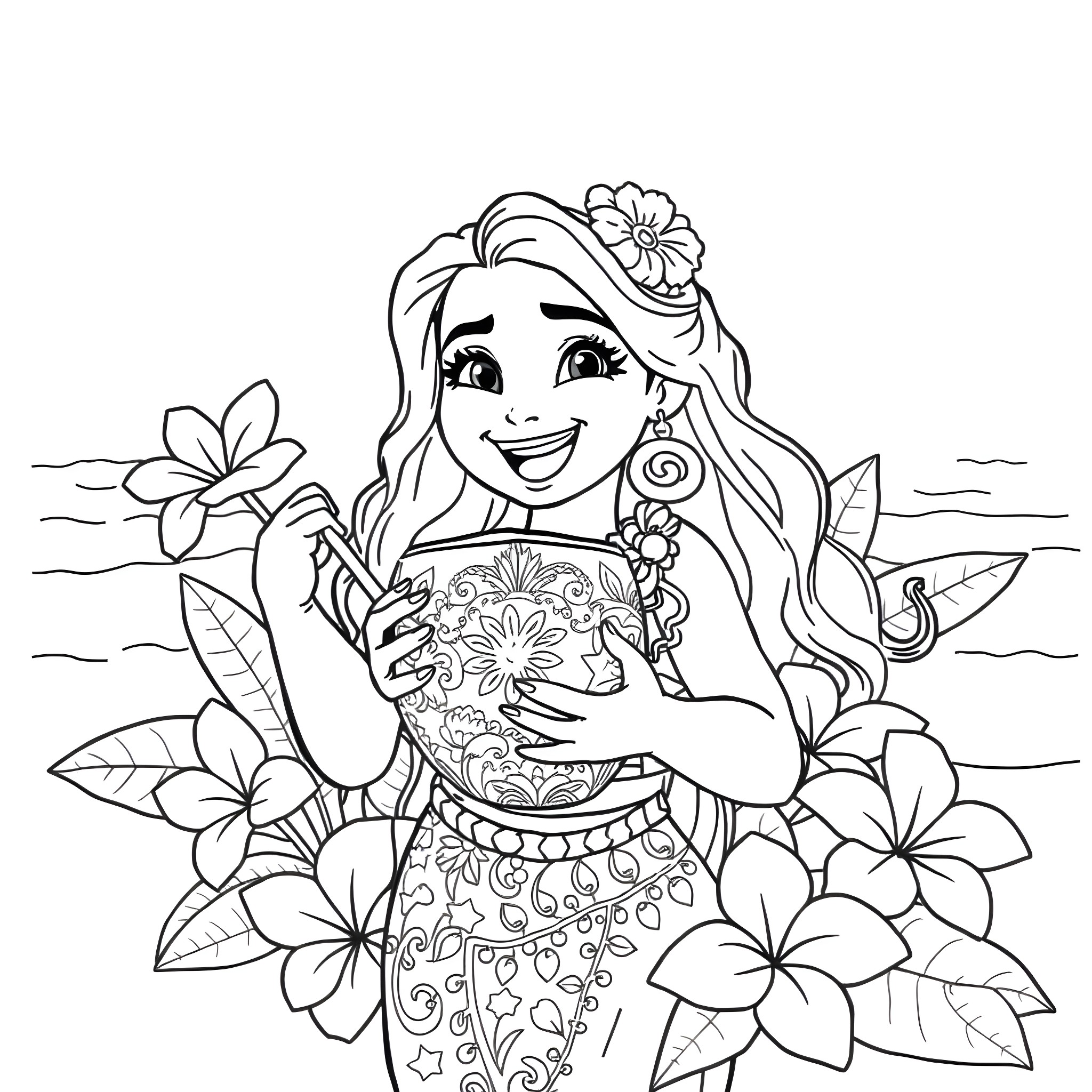 Coconut girl in tropical floral surroundings Coloring Page (free black-and-white line drawing printable PDF for all, from beginners to advanced learners, including children, teens, adults, and seniors)