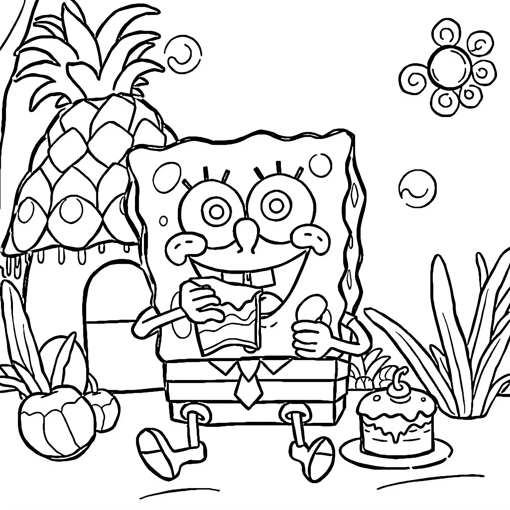 Spongebob enjoying a party with pineapple and treats Coloring Page (free black-and-white line drawing printable PDF for all, from beginners to advanced learners, including children, teens, adults, and seniors)