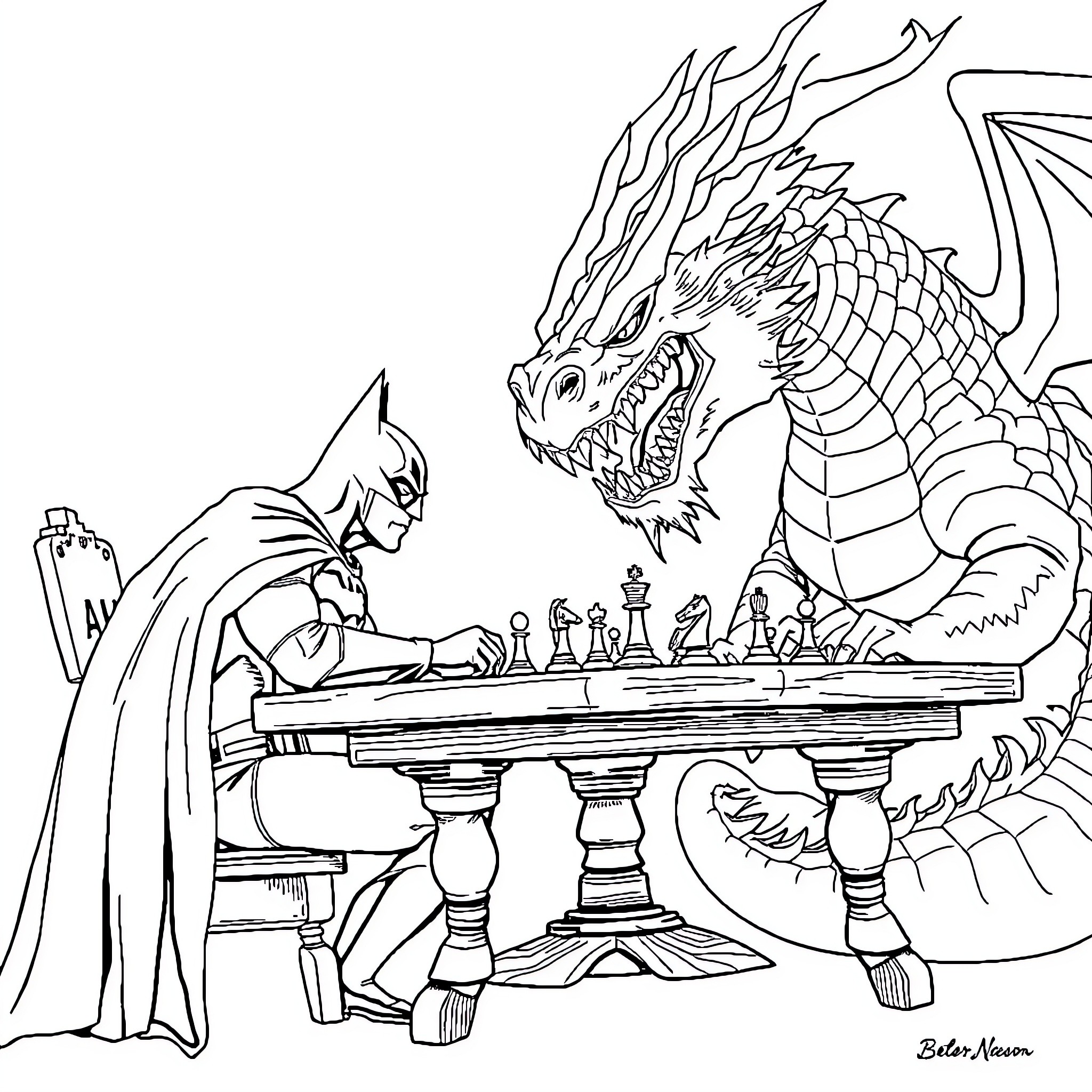Batman challenging a ferocious dragon in a chess match Coloring Page (free black-and-white line drawing printable PDF for all, from beginners to advanced learners, including children, teens, adults, and seniors)