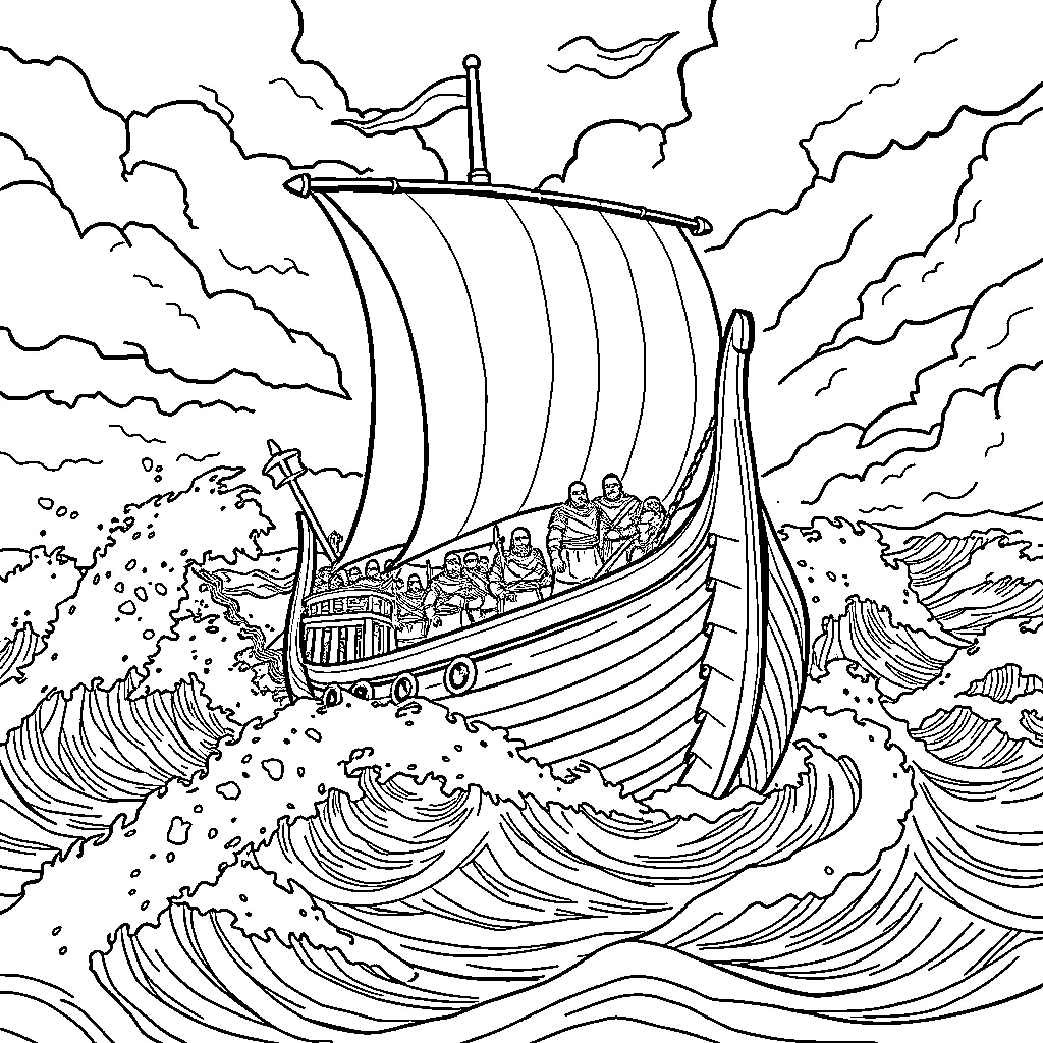 Viking Ship Sailing Through Stormy Seas Coloring Page (free black-and-white line drawing printable PDF for all, from beginners to advanced learners, including children, teens, adults, and seniors)