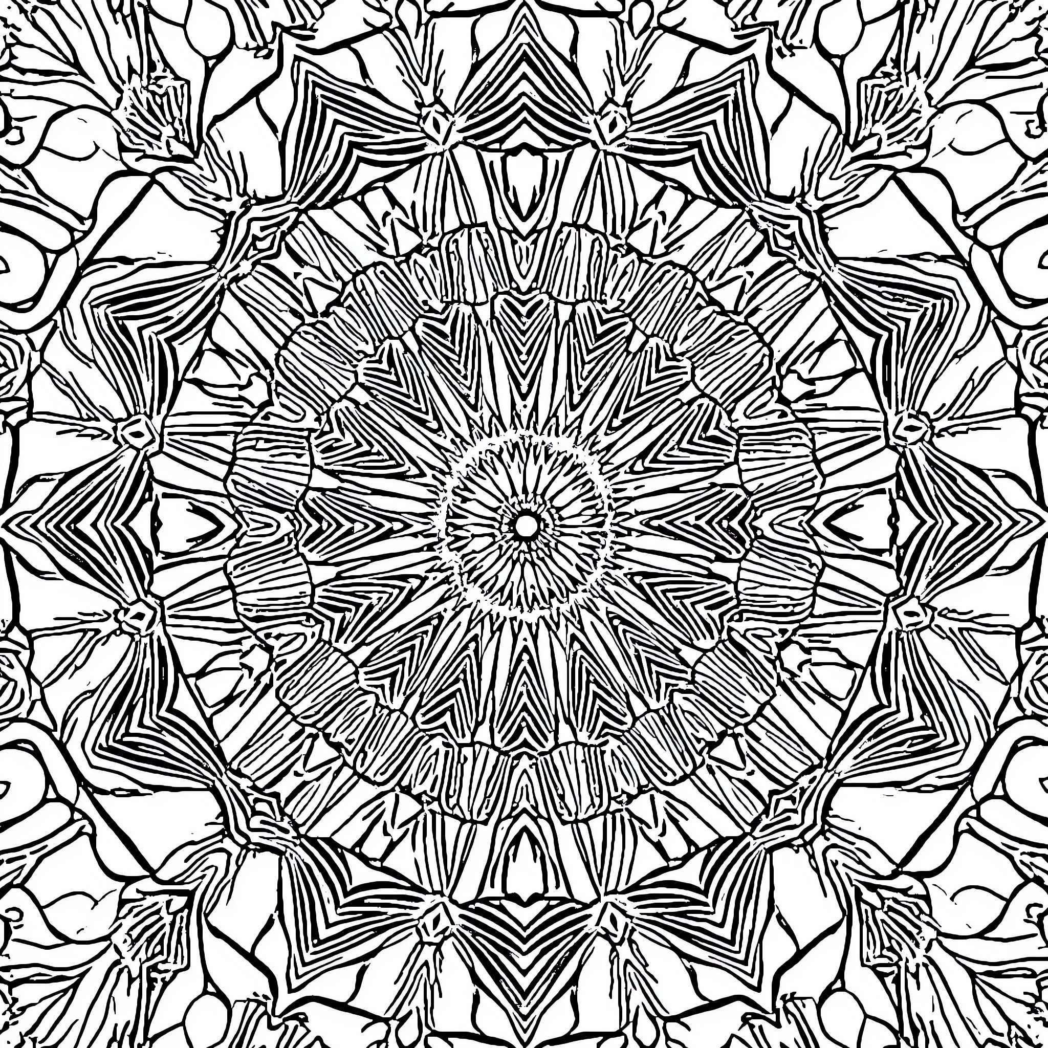 Kaleidoscope of abstract floral and geometric patterns Coloring Page (free black-and-white line drawing printable PDF for all, from beginners to advanced learners, including children, teens, adults, and seniors)