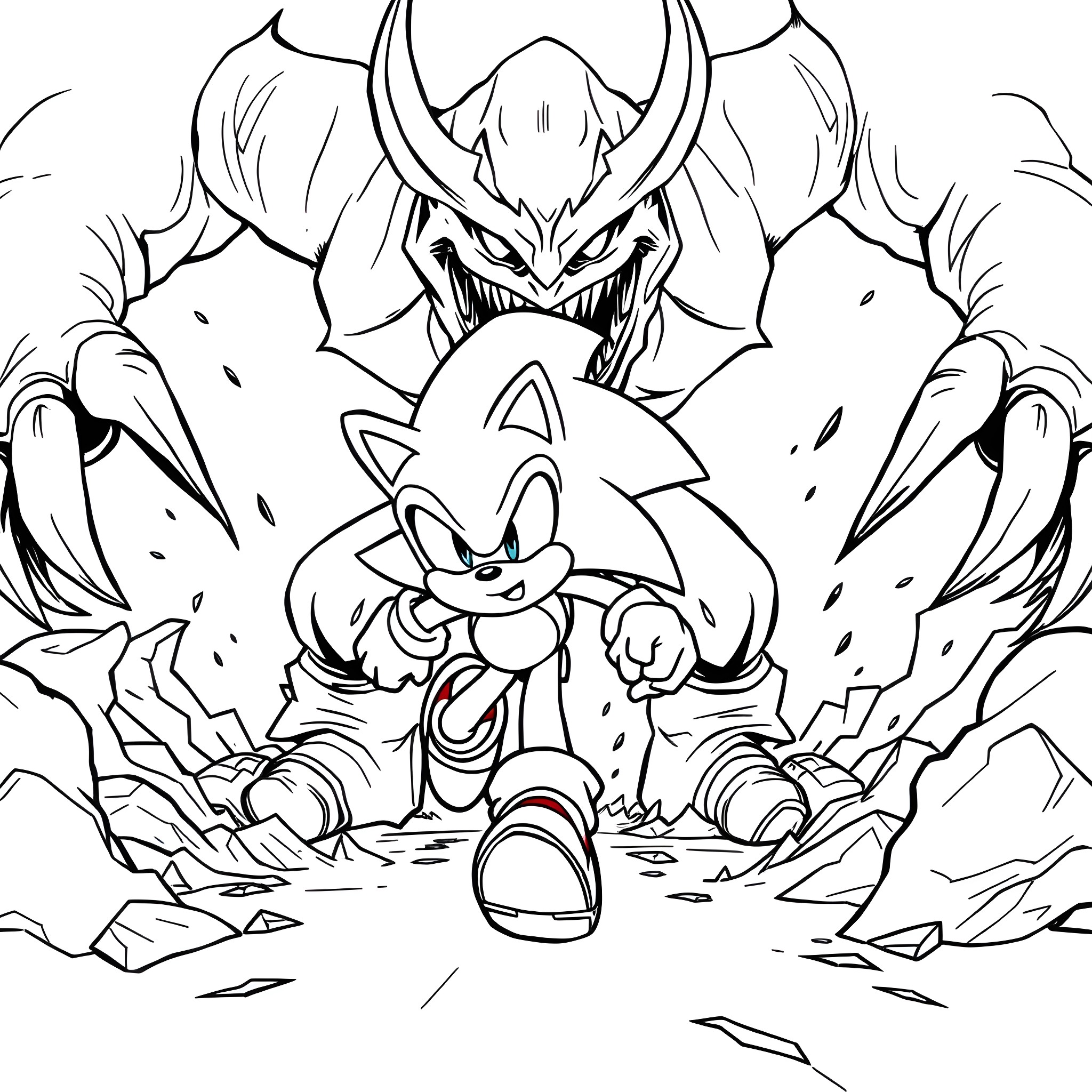 Sonic facing a powerful enemy Coloring Page (free black-and-white line drawing printable PDF for all, from beginners to advanced learners, including children, teens, adults, and seniors)