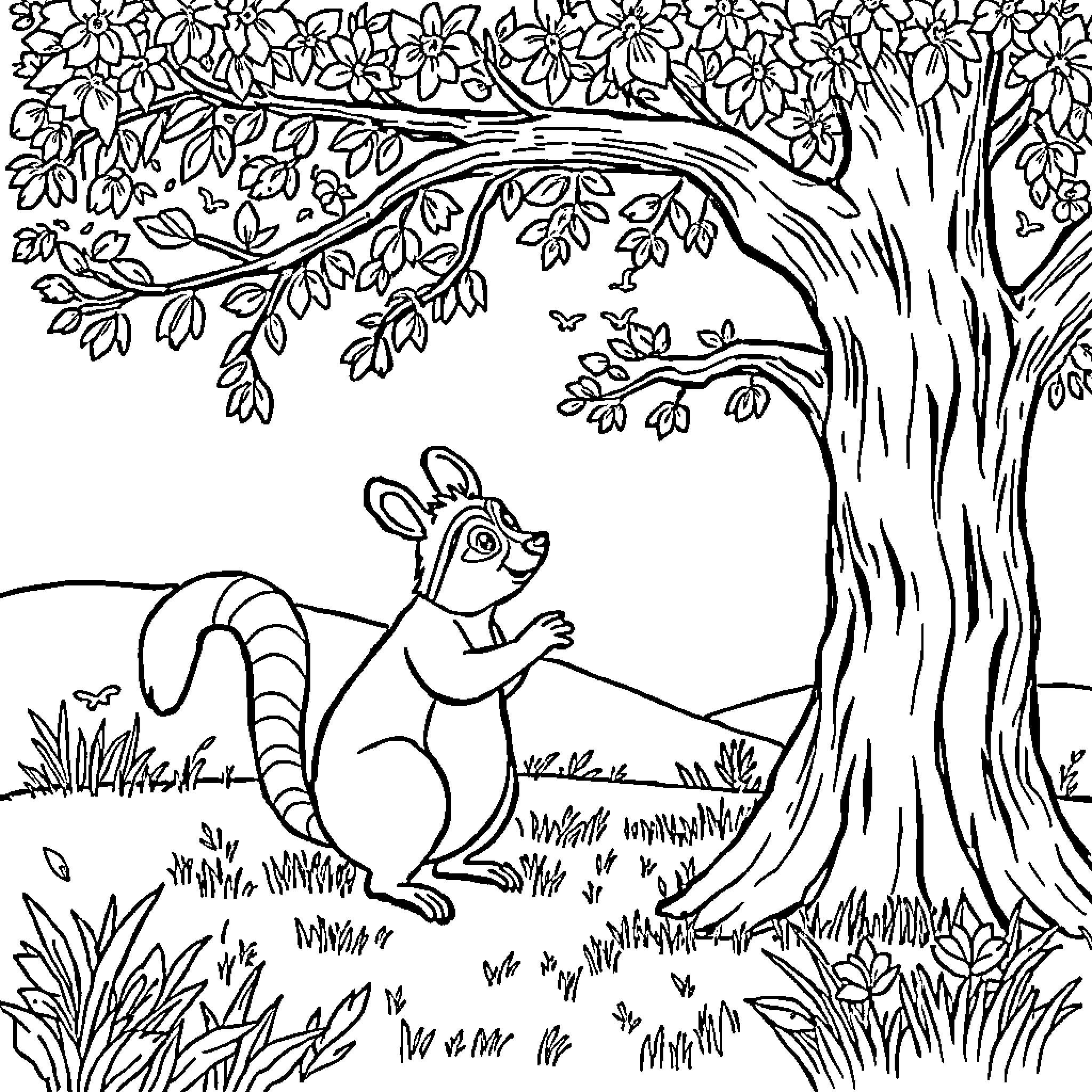 Kangaroo sitting under a flowering tree Coloring Page (free black-and-white line drawing printable PDF for all, from beginners to advanced learners, including children, teens, adults, and seniors)