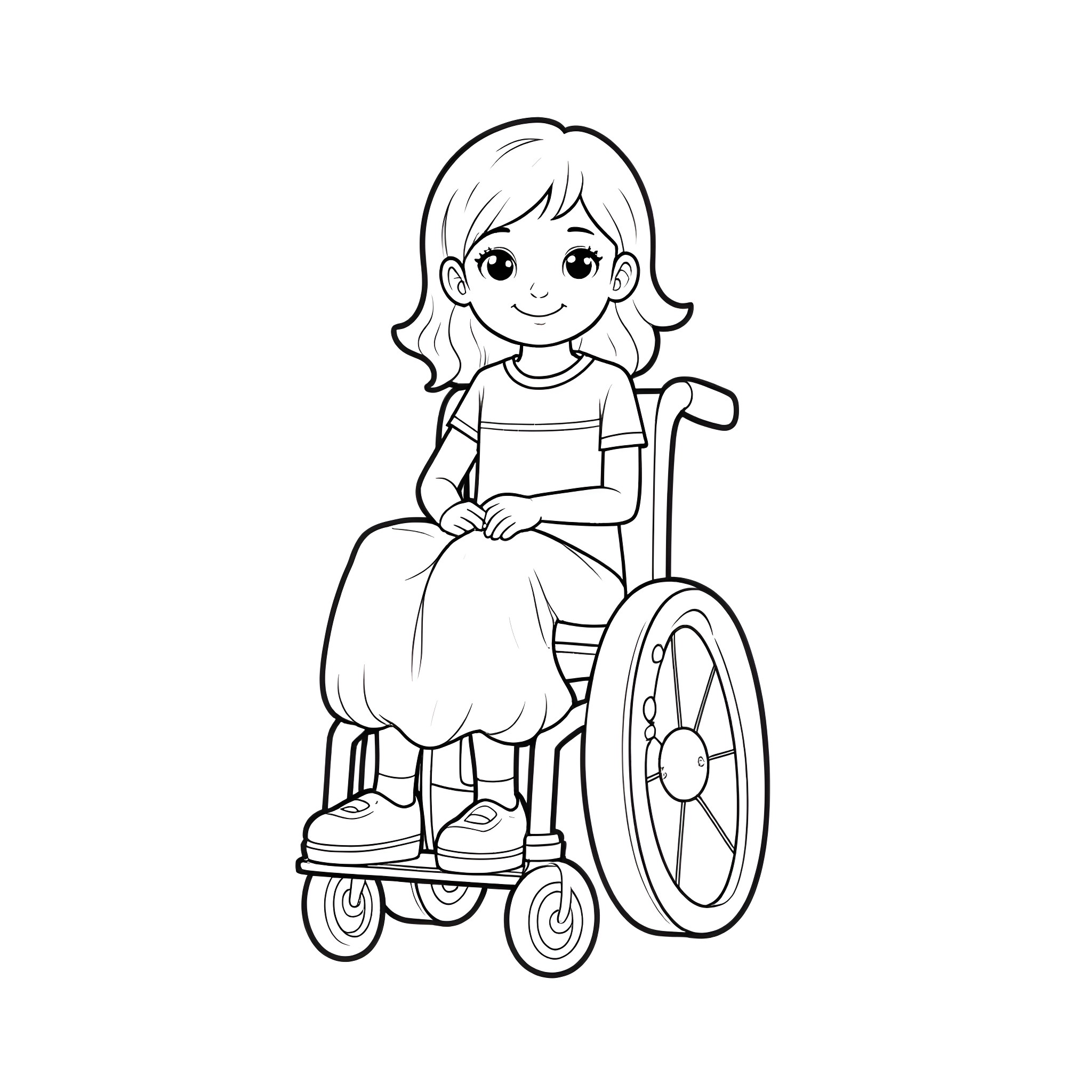 Girl in a wheelchair smiling happily Coloring Page (free black-and-white line drawing printable PDF for all, from beginners to advanced learners, including children, teens, adults, and seniors)