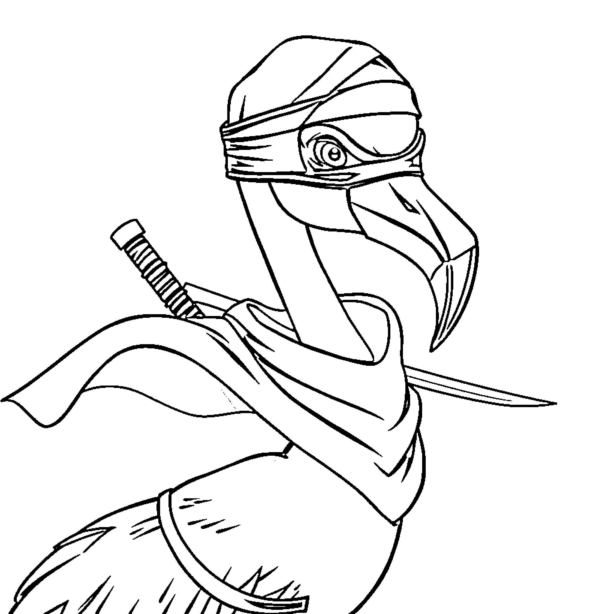 Flamingo ninja warrior with sword and mask Coloring Page (free black-and-white line drawing printable PDF for all, from beginners to advanced learners, including children, teens, adults, and seniors)