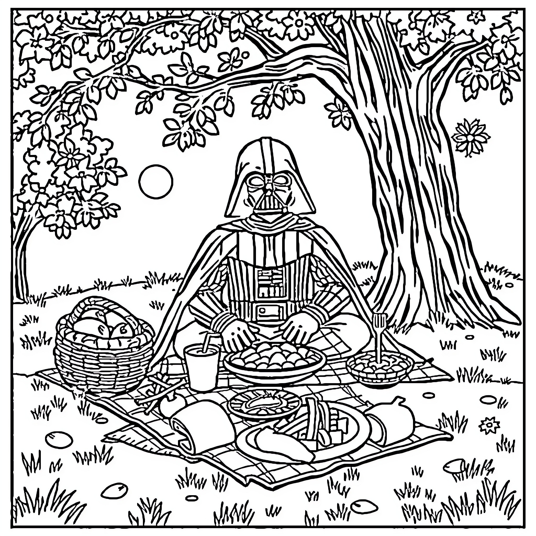 Darth Vader enjoying a picnic in a serene forest Coloring Page (free black-and-white line drawing printable PDF for all, from beginners to advanced learners, including children, teens, adults, and seniors)