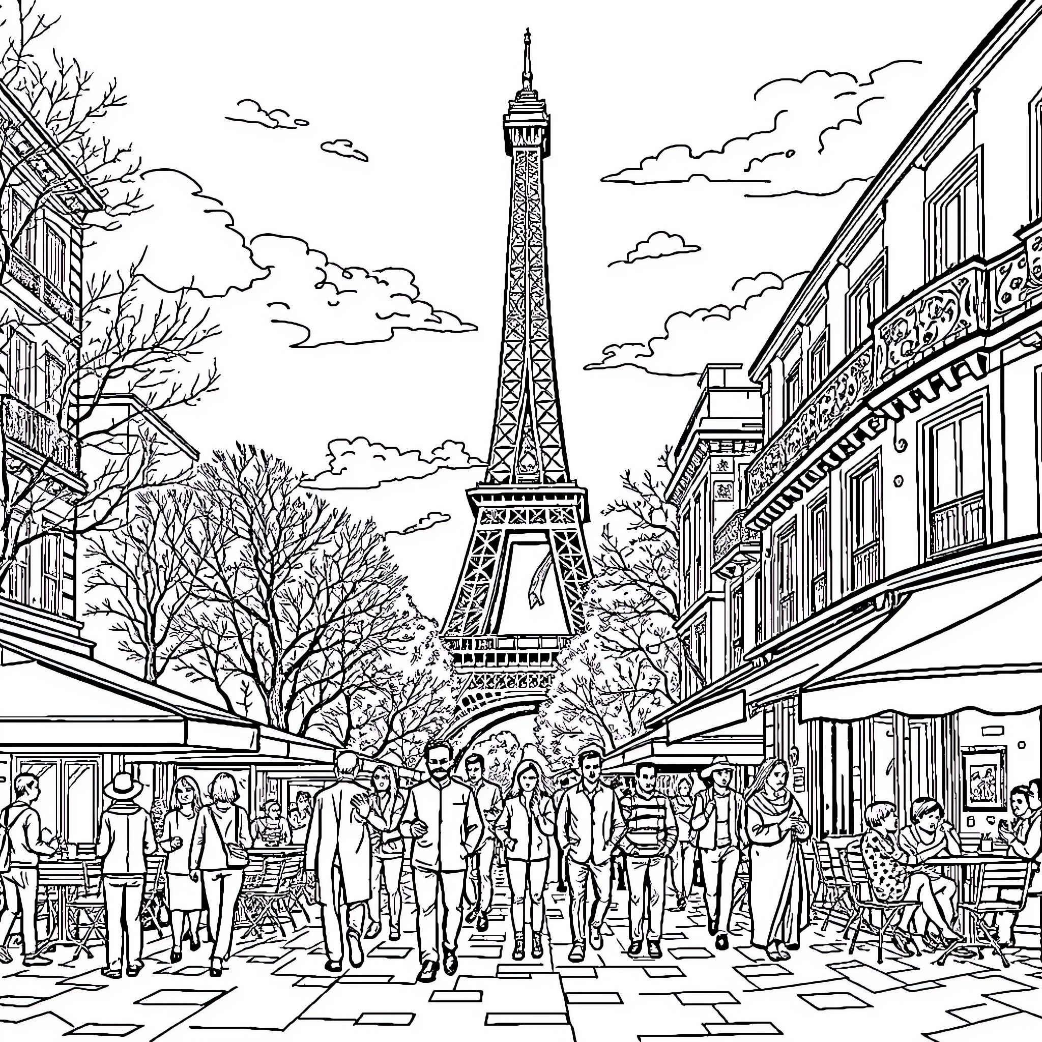Paris Street Scene with Eiffel Tower and Bustling Crowd Coloring Page (free black-and-white line drawing printable PDF for all, from beginners to advanced learners, including children, teens, adults, and seniors)