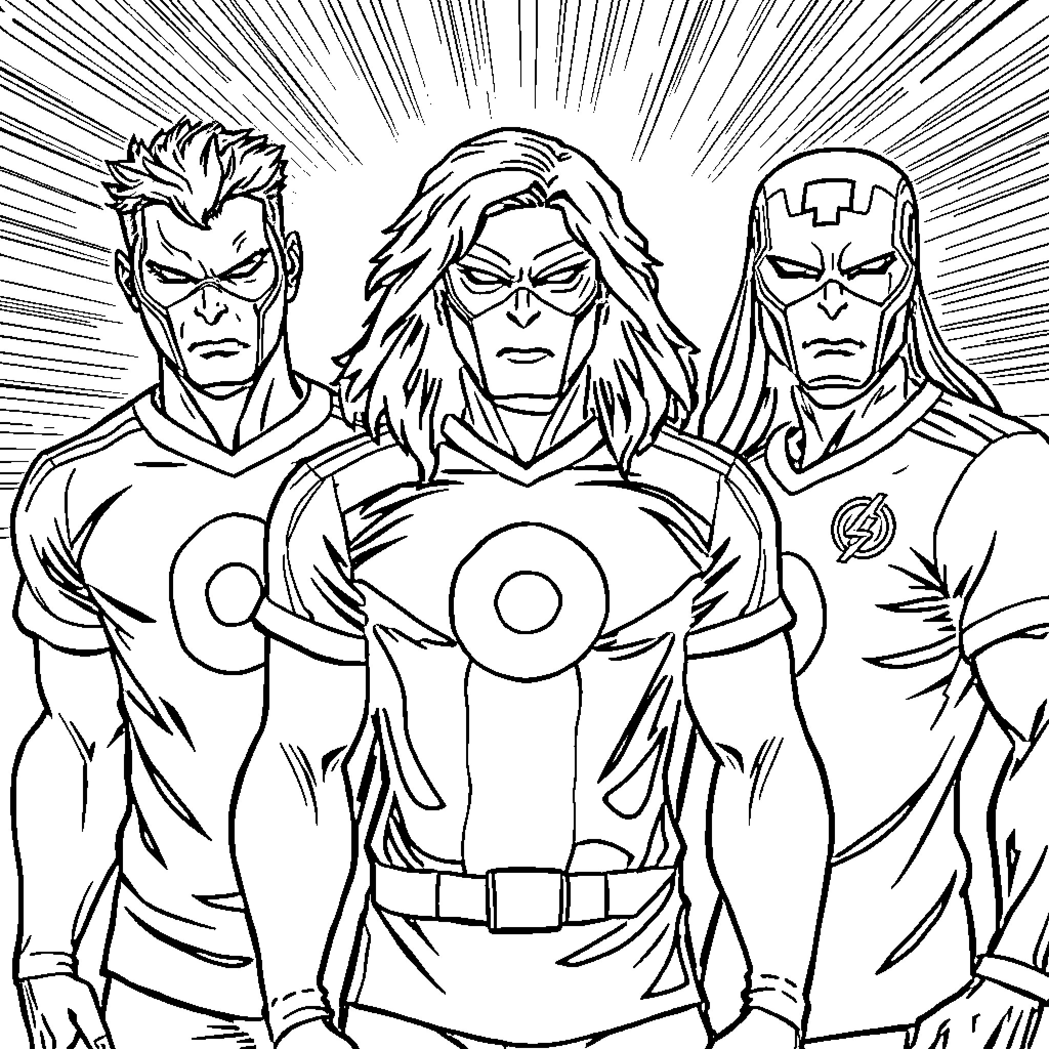 Marvel Heroes in Dramatic Action Poses Coloring Page (free black-and-white line drawing printable PDF for all, from beginners to advanced learners, including children, teens, adults, and seniors)