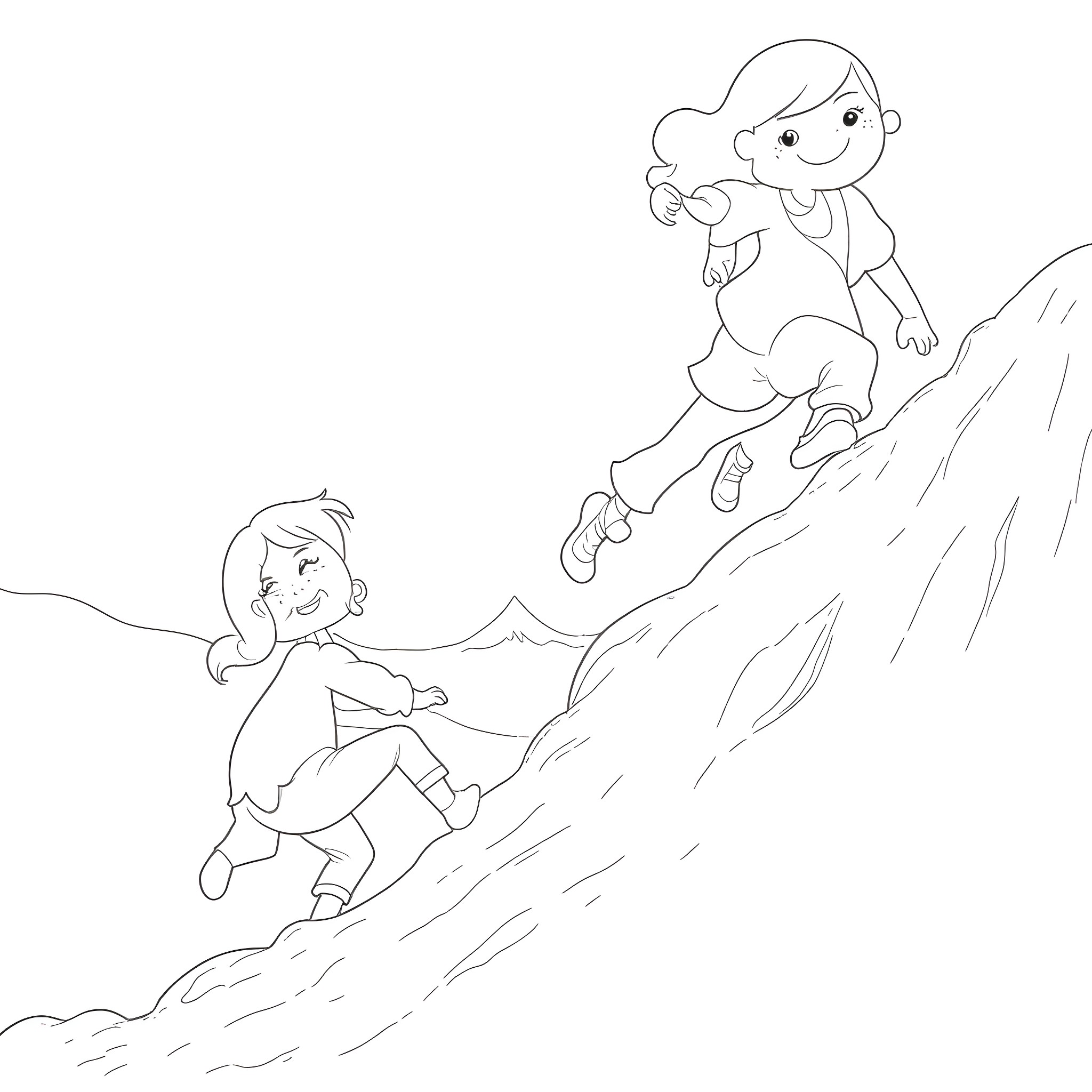 Cheerleader girls playing on rocky terrain Coloring Page (free black-and-white line drawing printable PDF for all, from beginners to advanced learners, including children, teens, adults, and seniors)