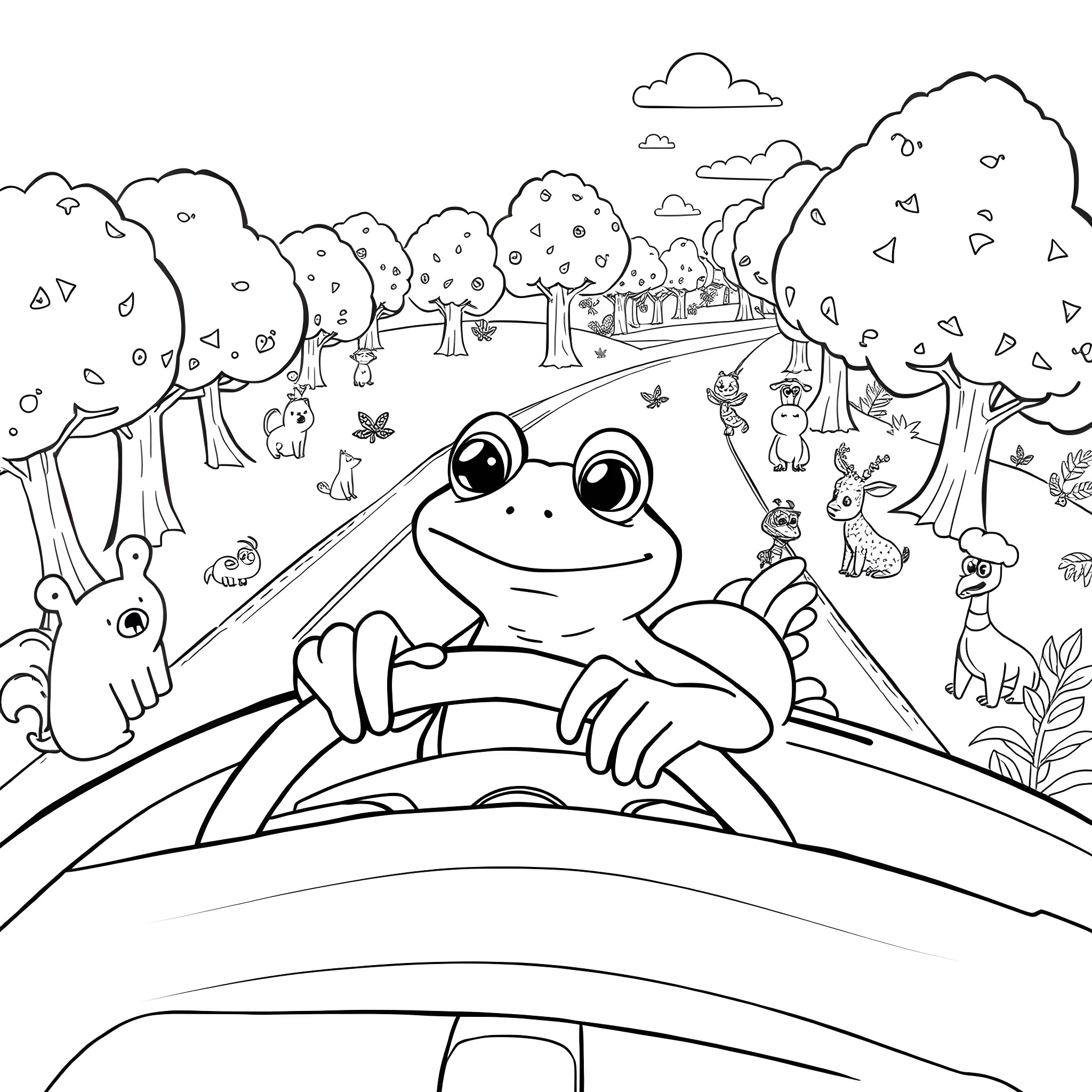 Frog exploring the enchanting forest landscape Coloring Page (free black-and-white line drawing printable PDF for all, from beginners to advanced learners, including children, teens, adults, and seniors)