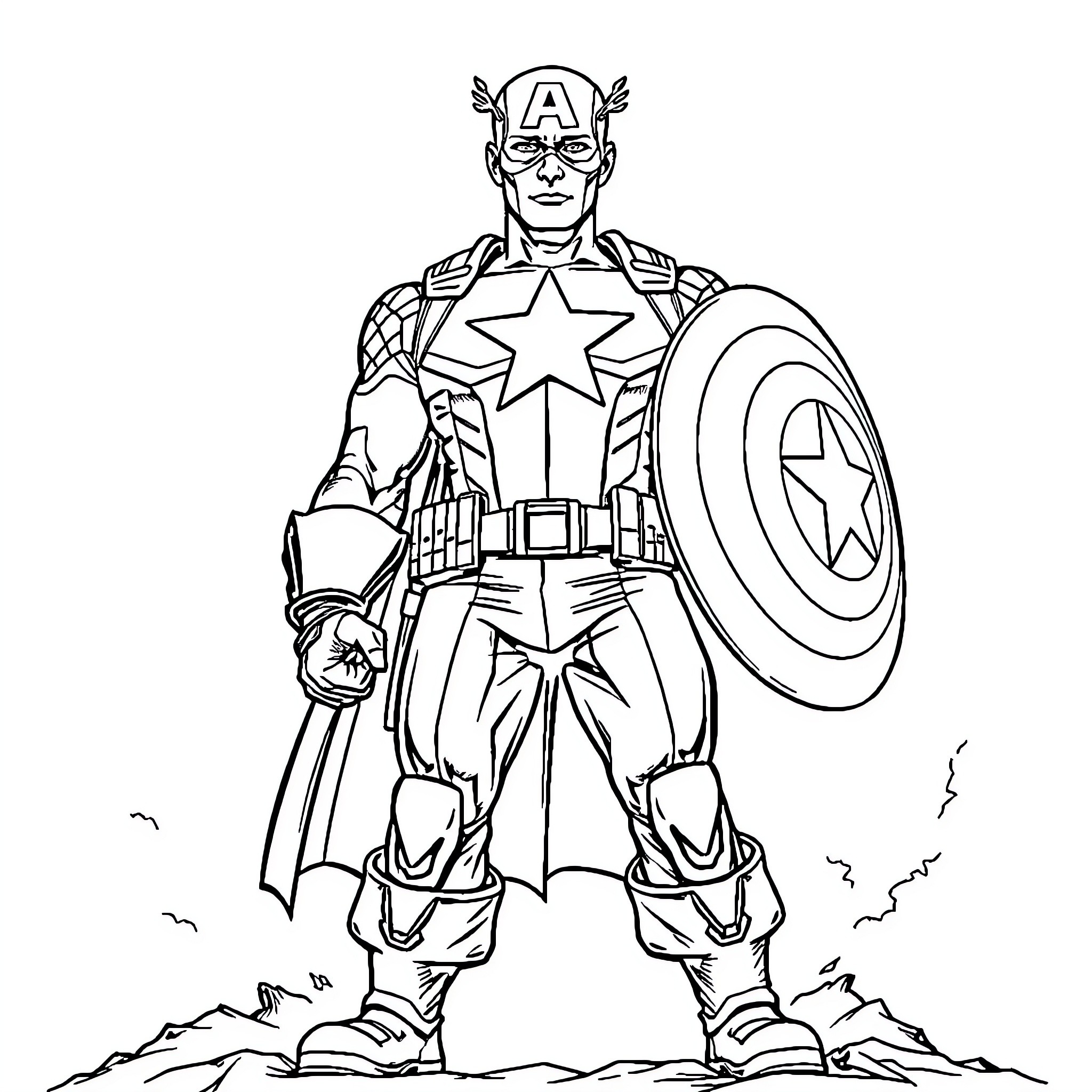Captain America in heroic pose with shield Coloring Page (free black-and-white line drawing printable PDF for all, from beginners to advanced learners, including children, teens, adults, and seniors)