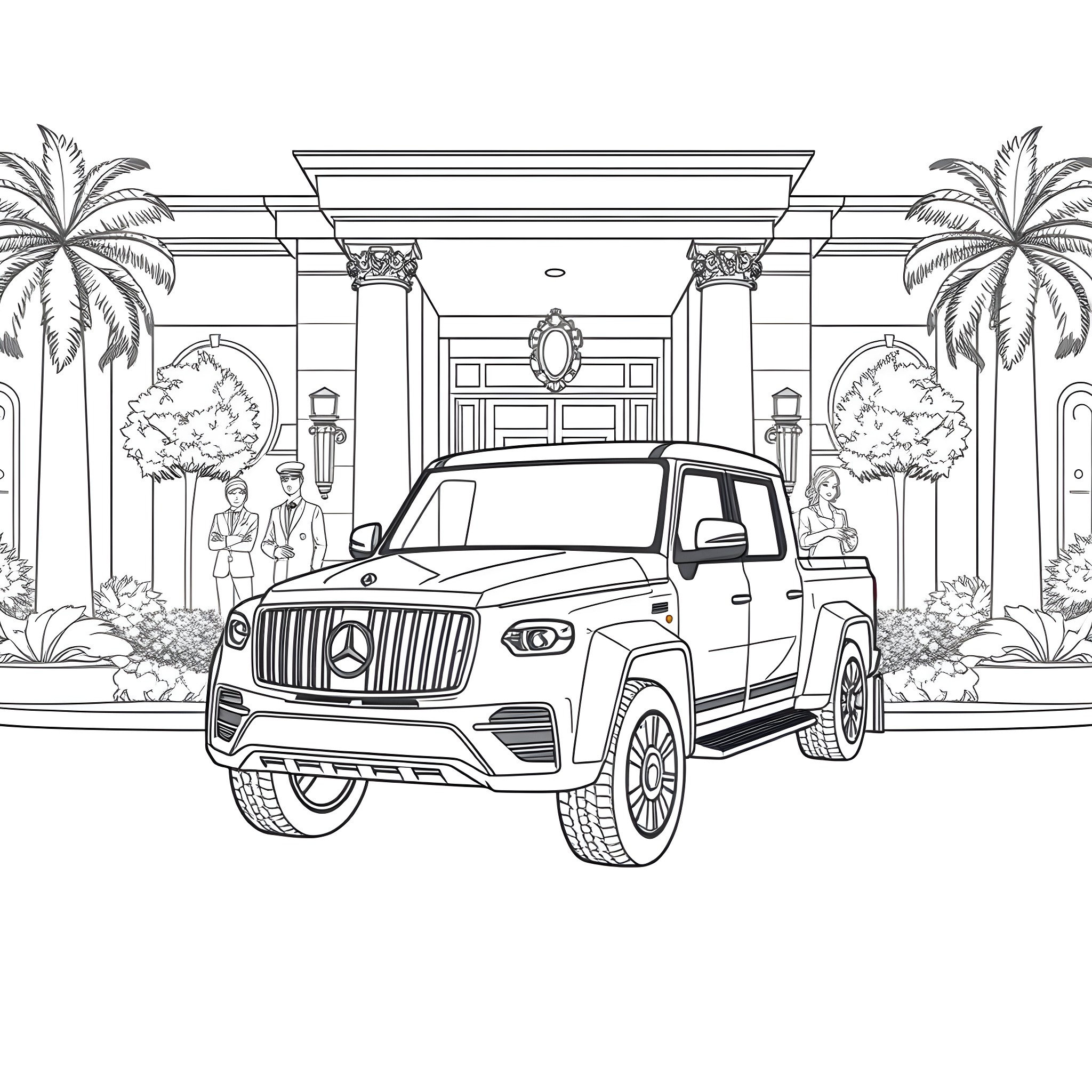 Truck parked in front of tropical mansion Coloring Page (free black-and-white line drawing printable PDF for all, from beginners to advanced learners, including children, teens, adults, and seniors)