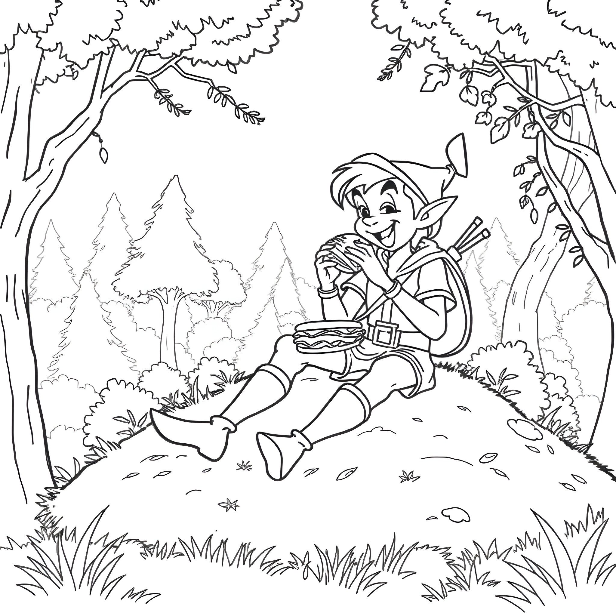 Robin Hood resting in the lush forest Coloring Page (free black-and-white line drawing printable PDF for all, from beginners to advanced learners, including children, teens, adults, and seniors)