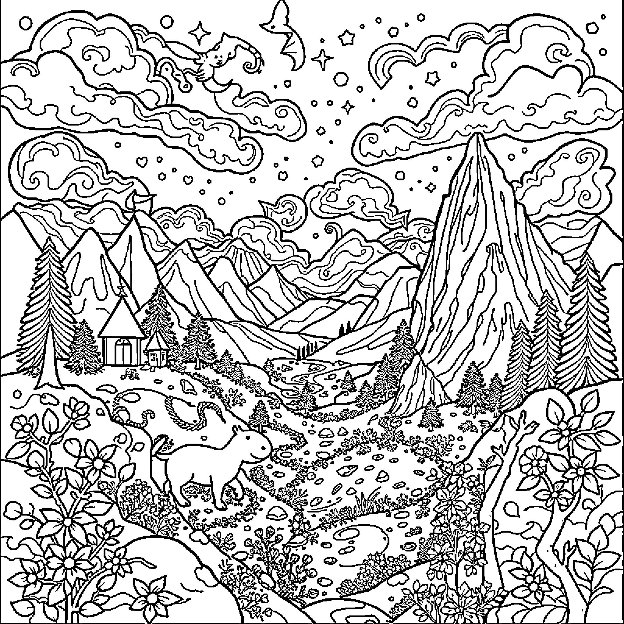 Minecraft magical night landscape with animals Coloring Page (free black-and-white line drawing printable PDF for all, from beginners to advanced learners, including children, teens, adults, and seniors)