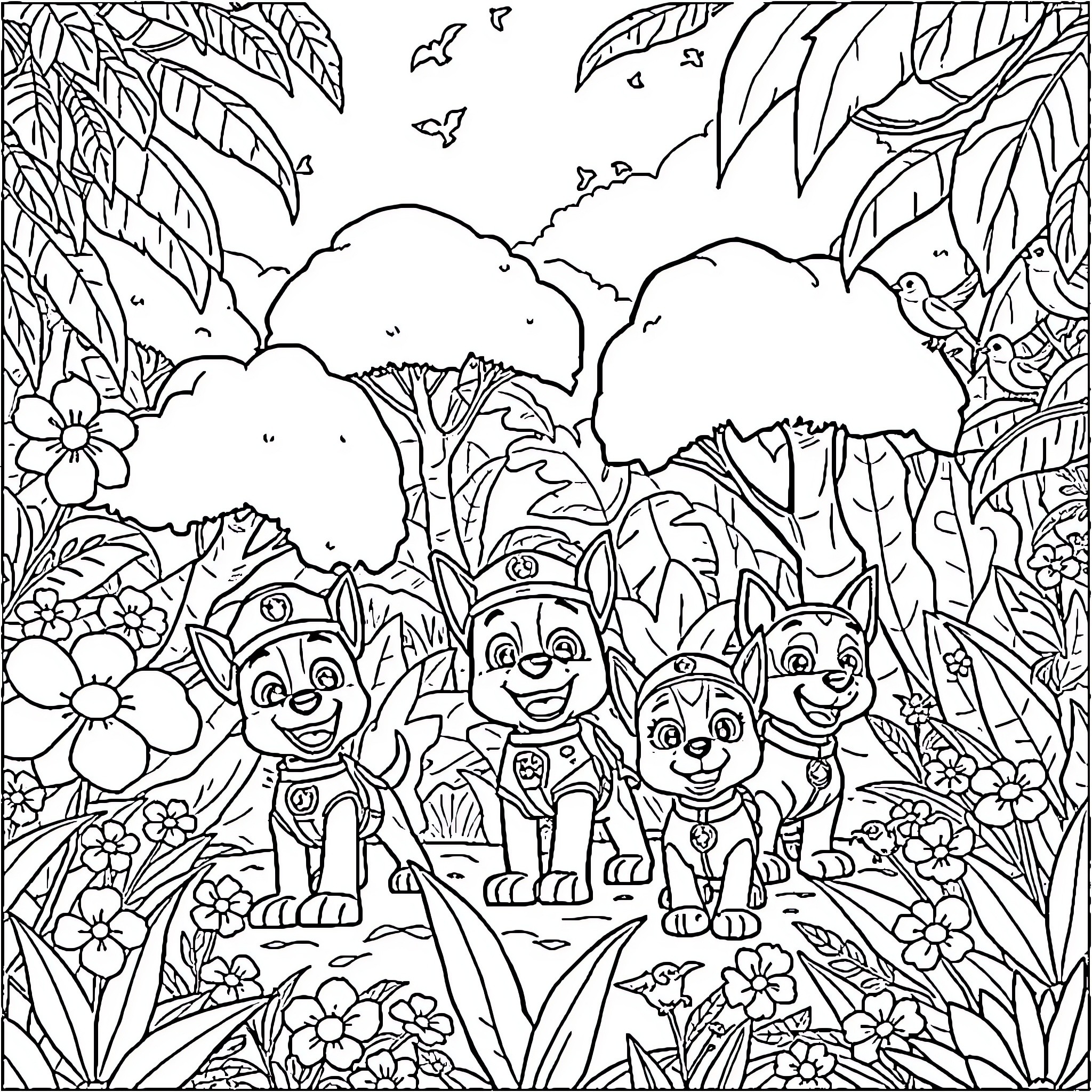 Paw Patrol Enjoying the Jungle Adventure Coloring Page (free black-and-white line drawing printable PDF for all, from beginners to advanced learners, including children, teens, adults, and seniors)