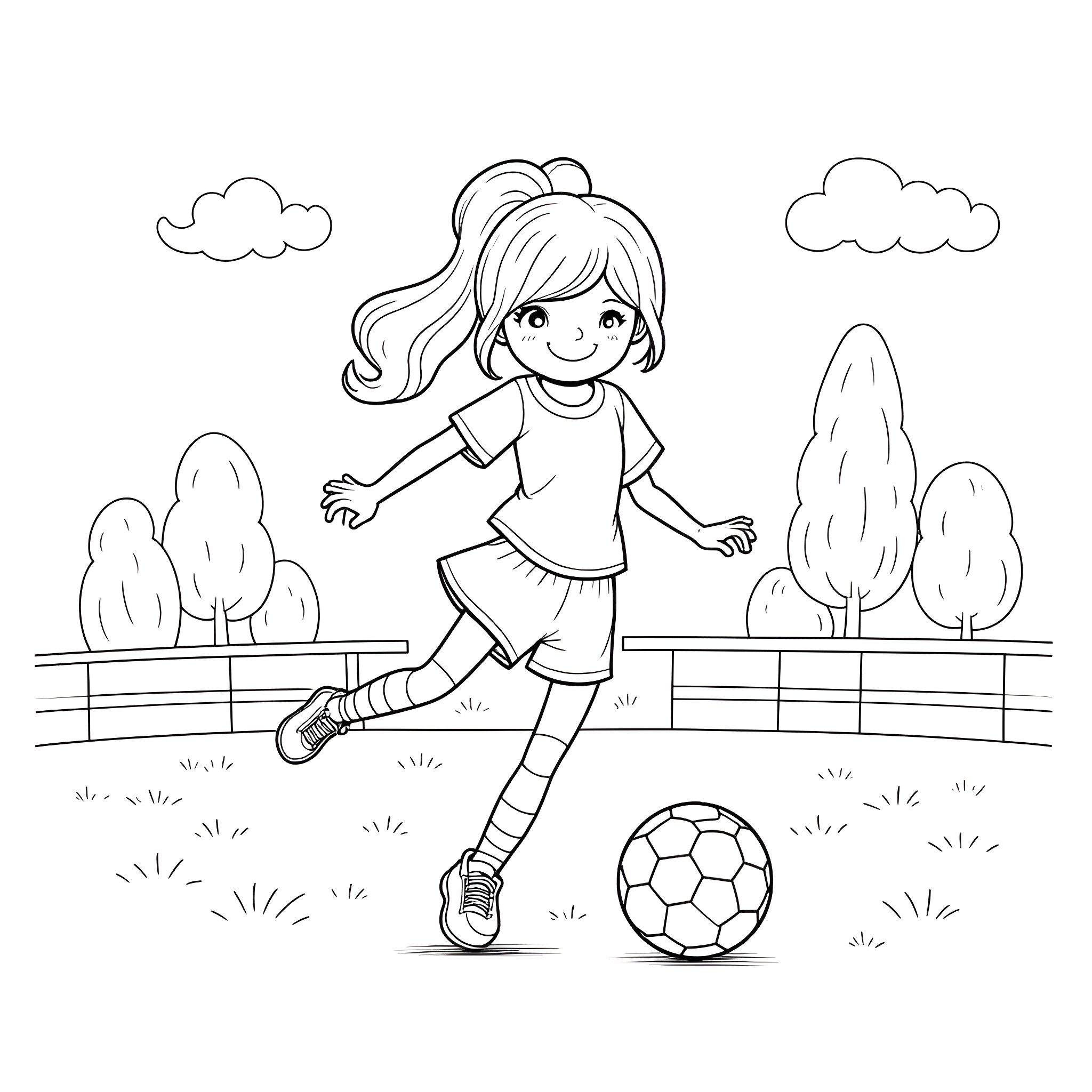 Girl playing soccer happily in the park Coloring Page (free black-and-white line drawing printable PDF for all, from beginners to advanced learners, including children, teens, adults, and seniors)