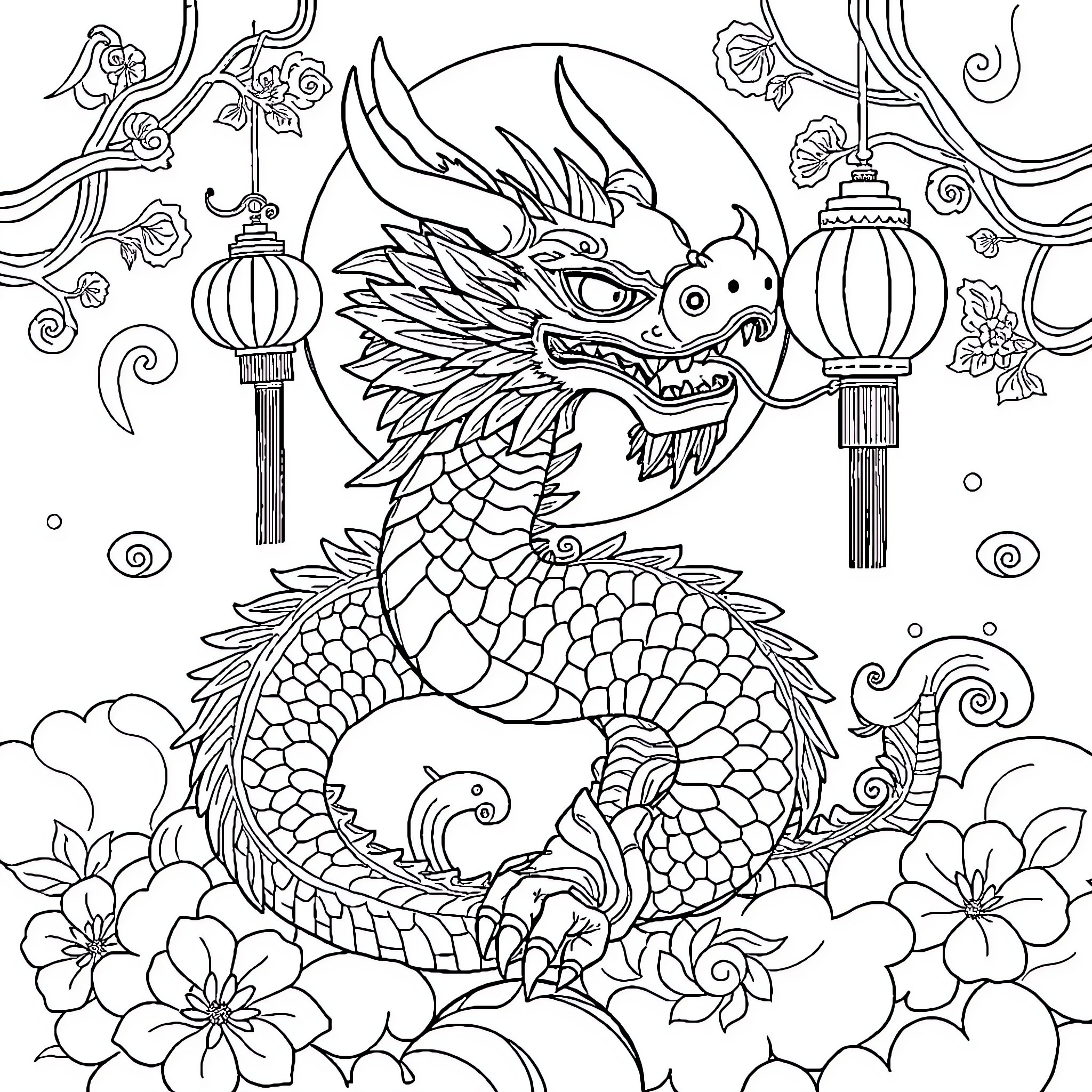 Chinese New Year Celebrations with Vibrant Dragon Imagery Coloring Page (free black-and-white line drawing printable PDF for all, from beginners to advanced learners, including children, teens, adults, and seniors)