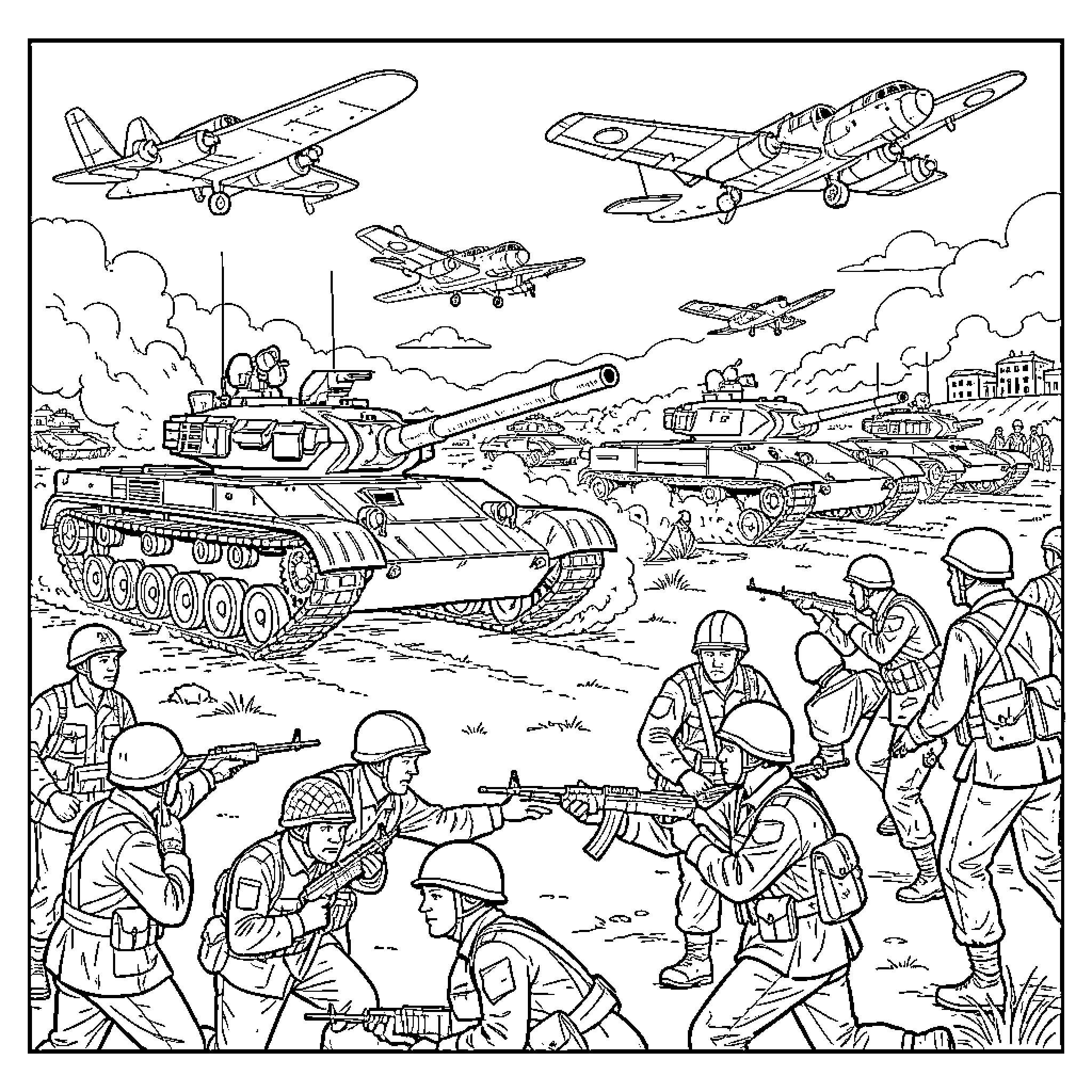 Military Scene with Tanks, Planes, and Soldiers Coloring Page (free black-and-white line drawing printable PDF for all, from beginners to advanced learners, including children, teens, adults, and seniors)