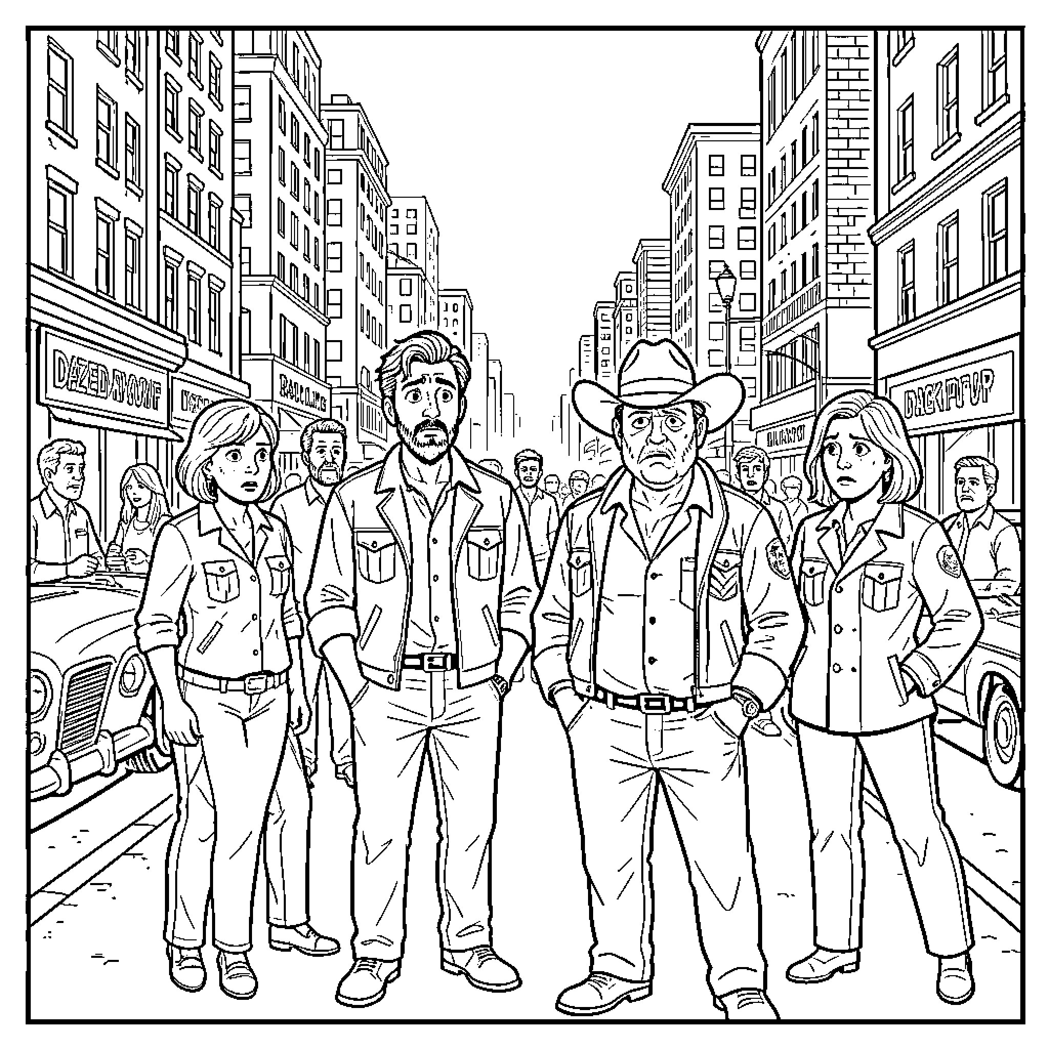 Randall's Gang Striding Down the City Streets Coloring Page (free black-and-white line drawing printable PDF for all, from beginners to advanced learners, including children, teens, adults, and seniors)