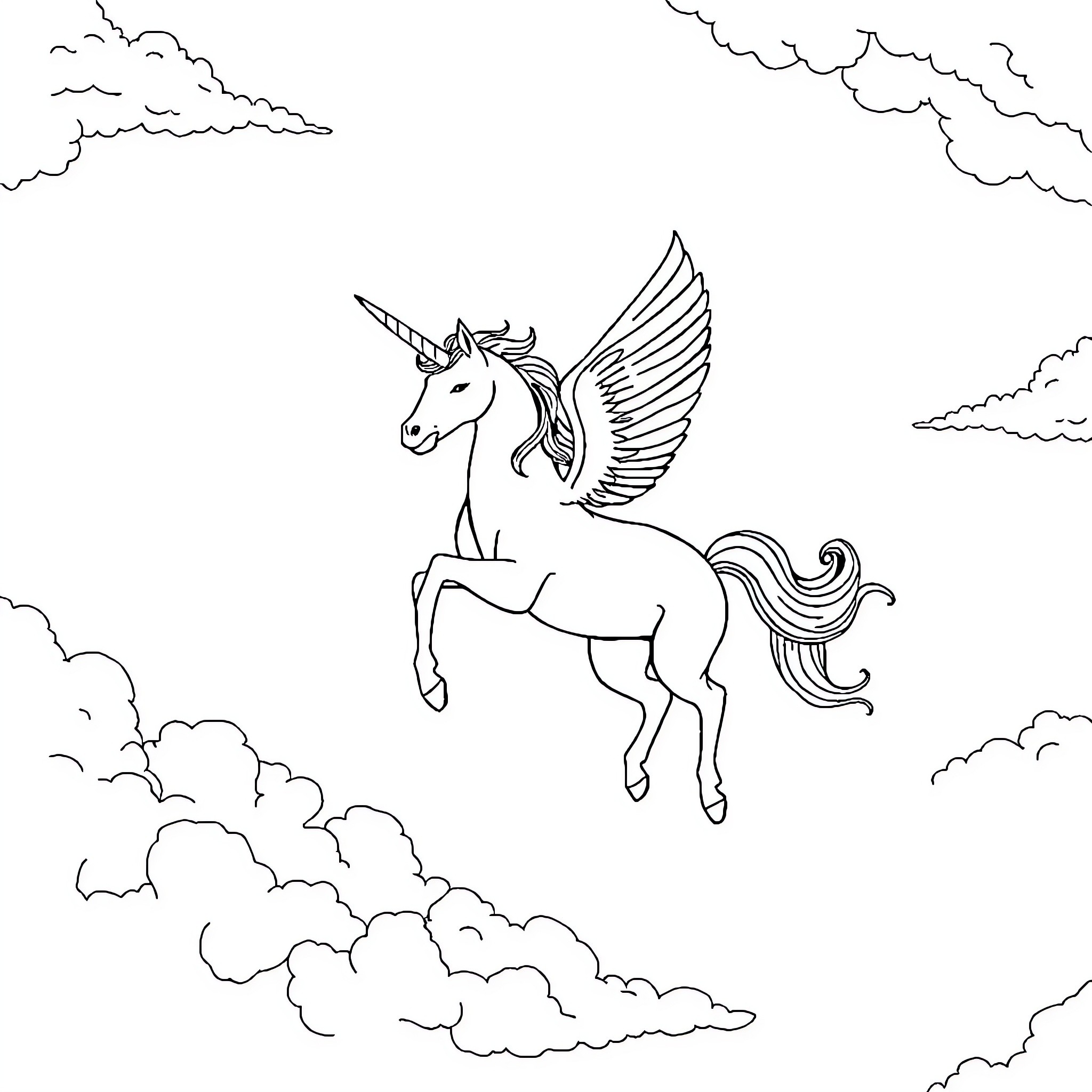 Unicorn flying through cloudy skies Coloring Page (free black-and-white line drawing printable PDF for all, from beginners to advanced learners, including children, teens, adults, and seniors)