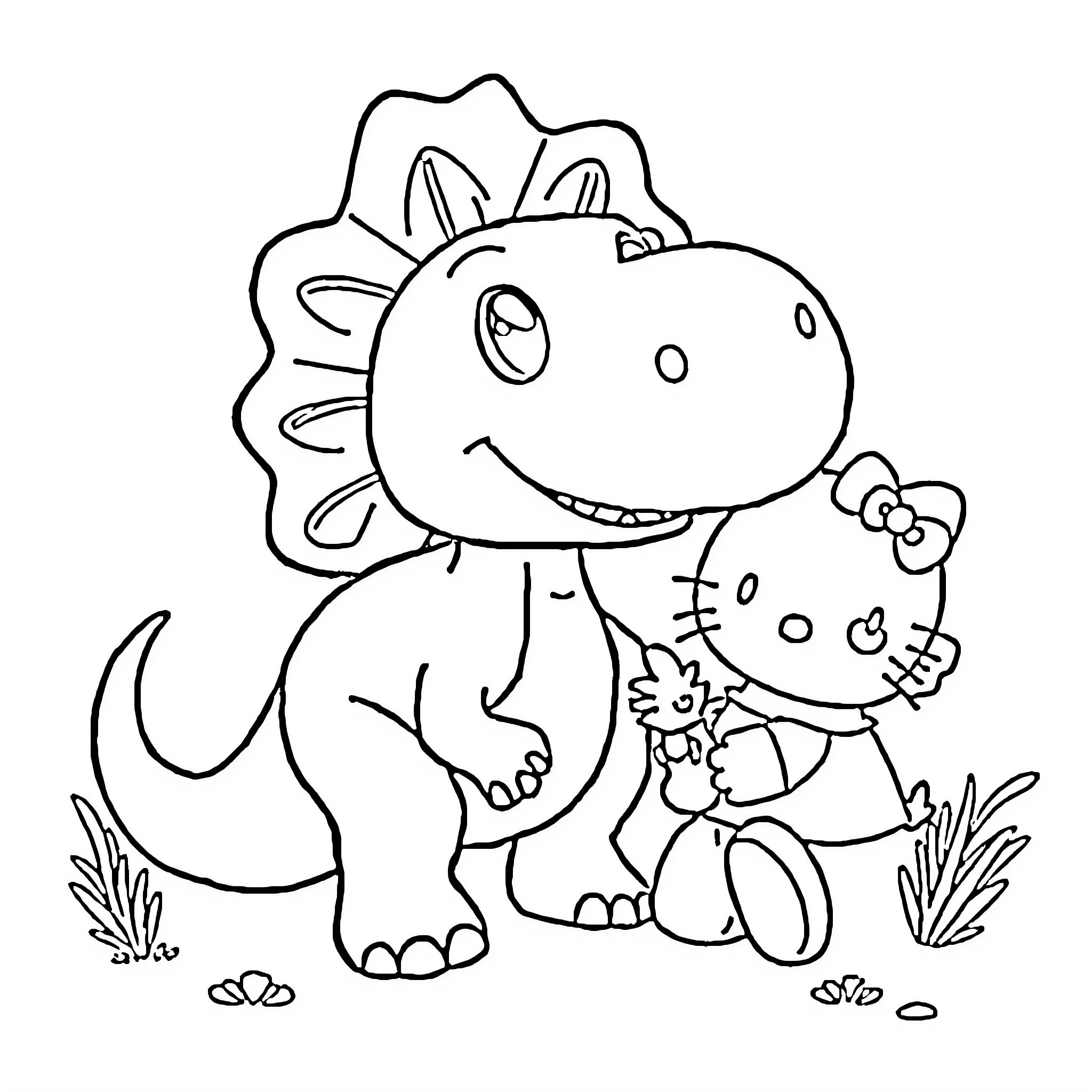 Brontosaurus playing with toy dinosaur in the park Coloring Page (free black-and-white line drawing printable PDF for all, from beginners to advanced learners, including children, teens, adults, and seniors)