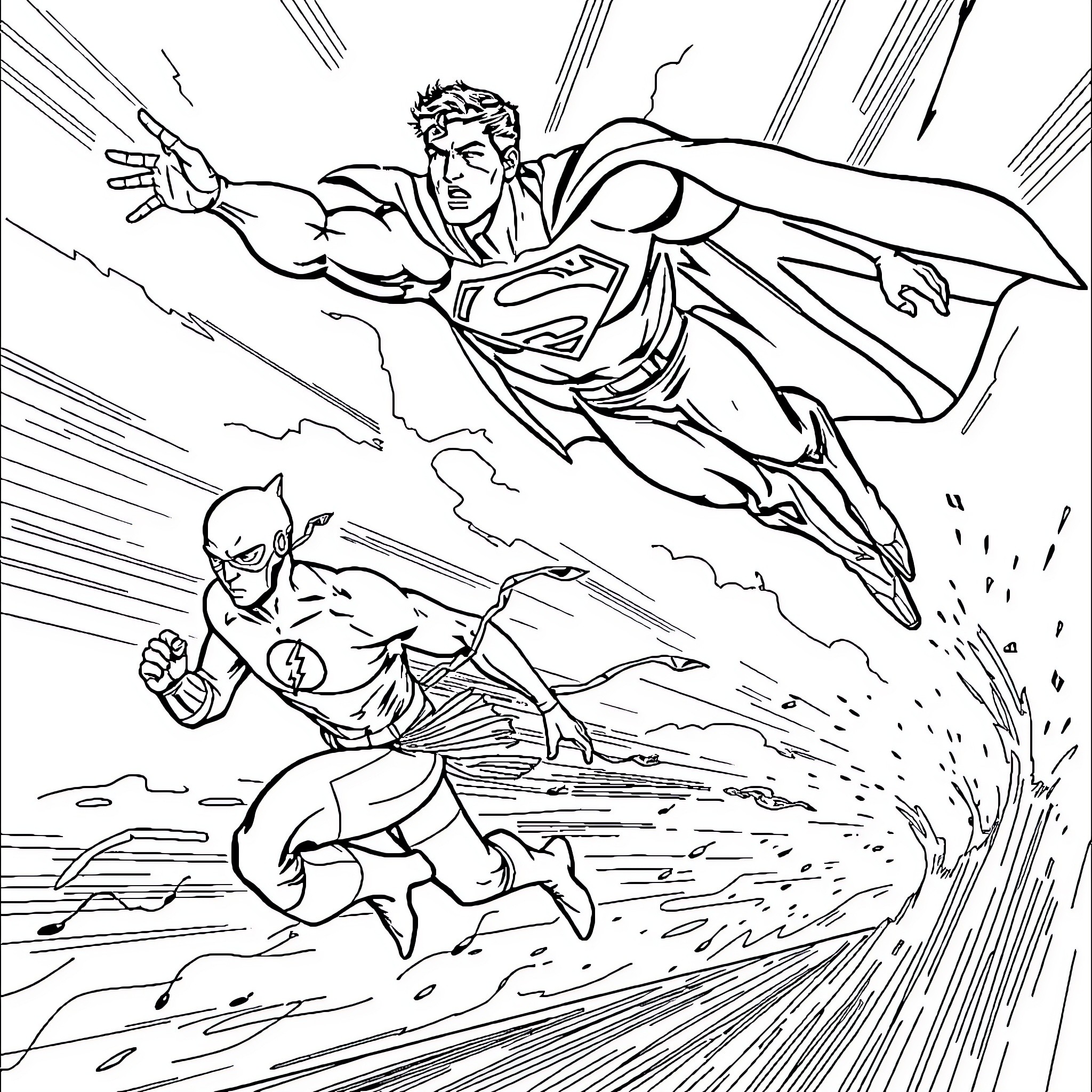Superman in action confronting a powerful foe Coloring Page (free black-and-white line drawing printable PDF for all, from beginners to advanced learners, including children, teens, adults, and seniors)