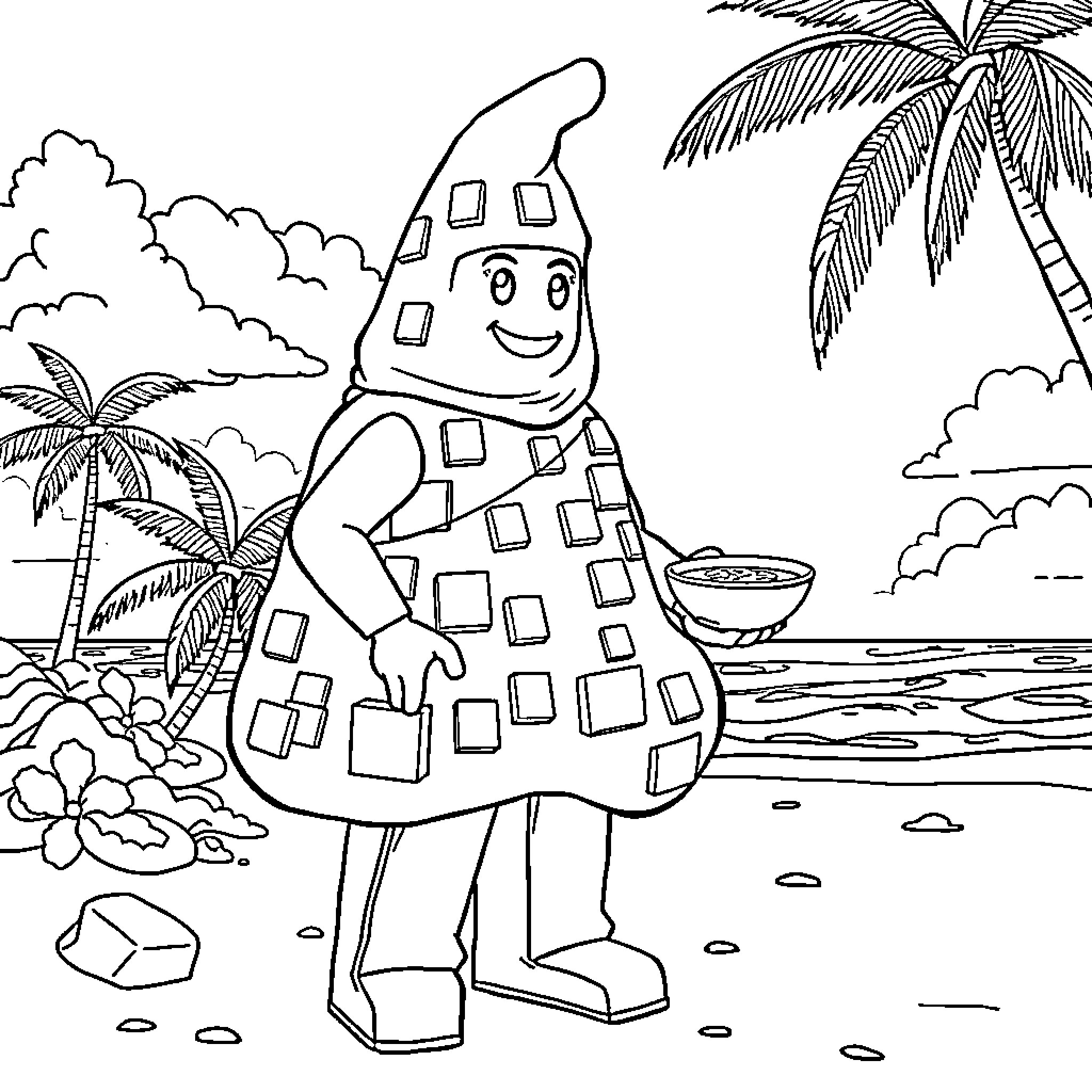 Lego character enjoying beach scenery Coloring Page (free black-and-white line drawing printable PDF for all, from beginners to advanced learners, including children, teens, adults, and seniors)