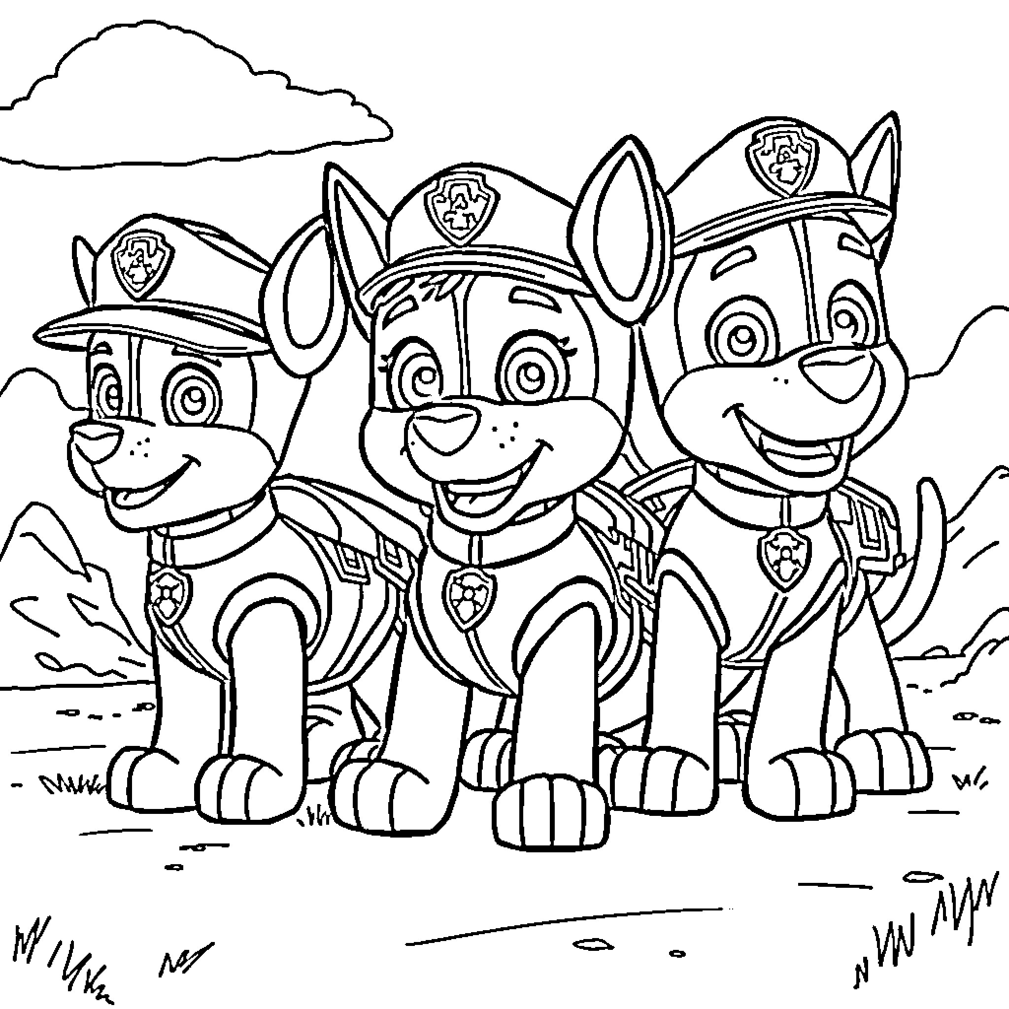 Paw Patrol Trio on Duty Coloring Page (free black-and-white line drawing printable PDF for all, from beginners to advanced learners, including children, teens, adults, and seniors)