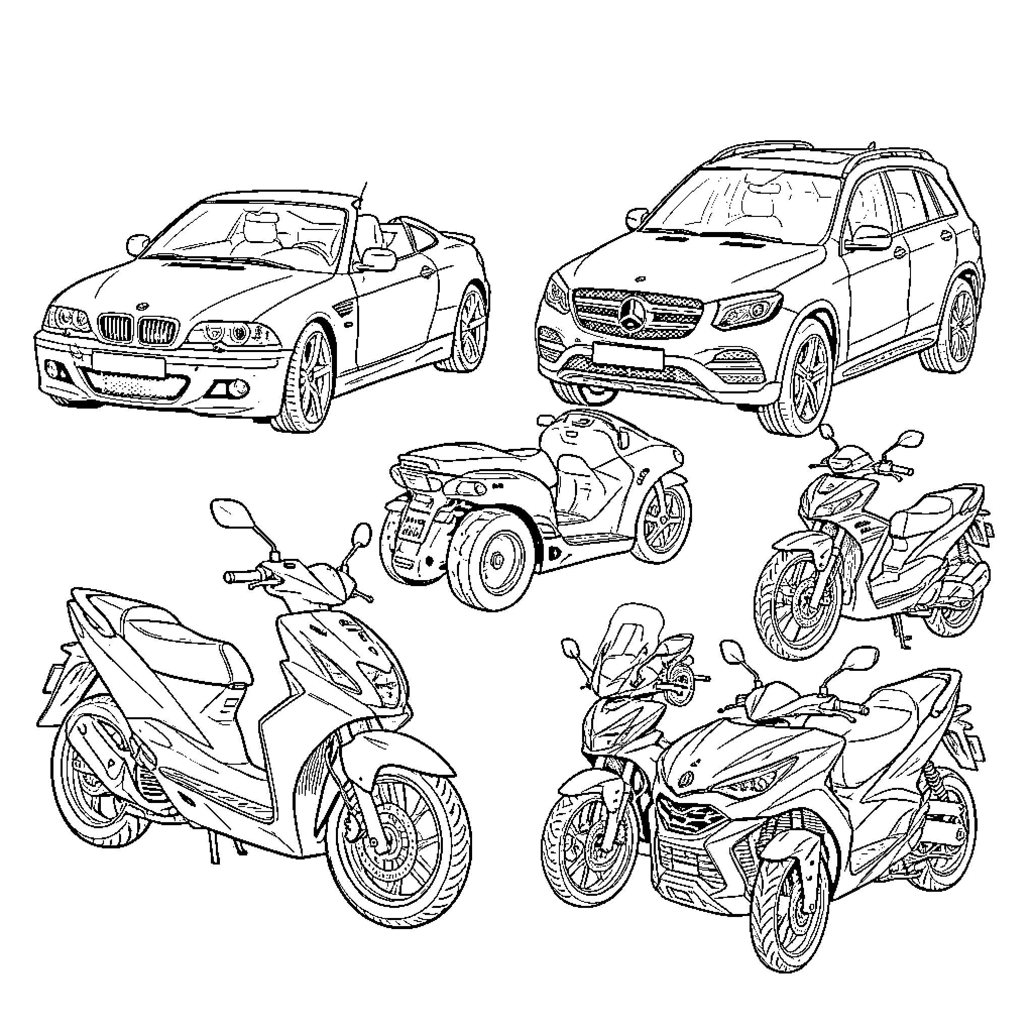 Car models and designs in various styles Coloring Page (free black-and-white line drawing printable PDF for all, from beginners to advanced learners, including children, teens, adults, and seniors)