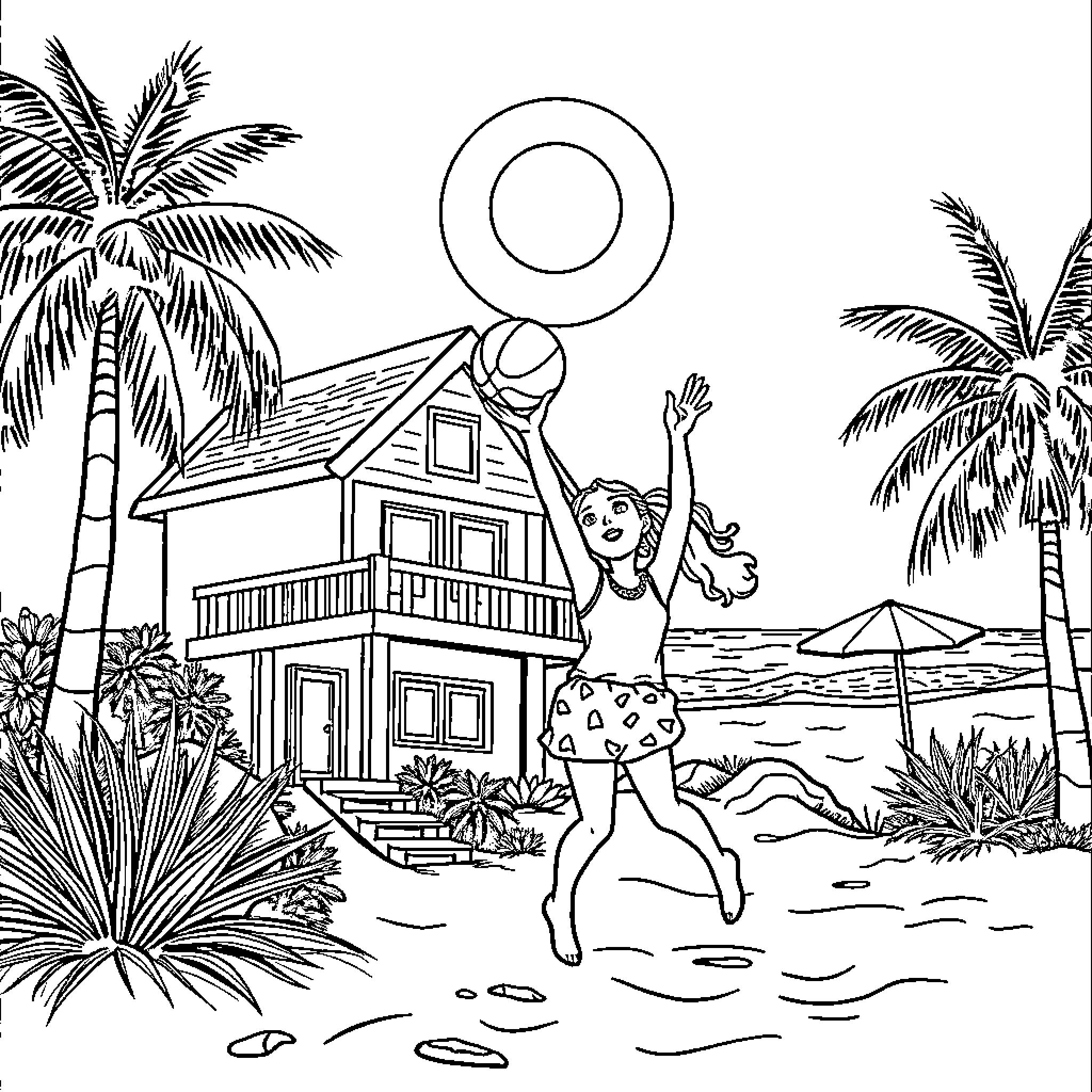 Gabby Dollhouse - Girl playing on the beach near a tropical house Coloring Page (free black-and-white line drawing printable PDF for all, from beginners to advanced learners, including children, teens, adults, and seniors)