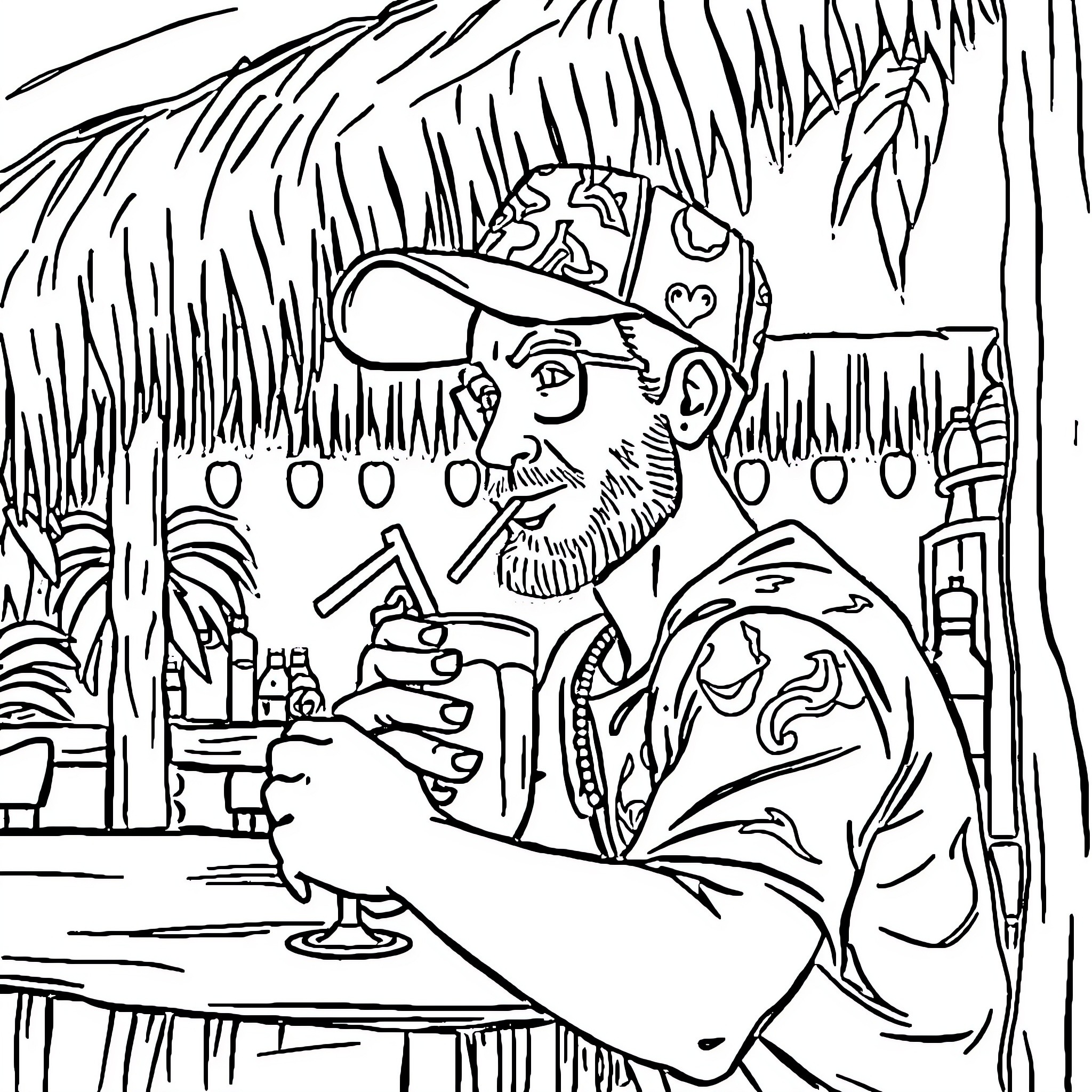 Man enjoying a drink at a tropical bar Coloring Page (free black-and-white line drawing printable PDF for all, from beginners to advanced learners, including children, teens, adults, and seniors)